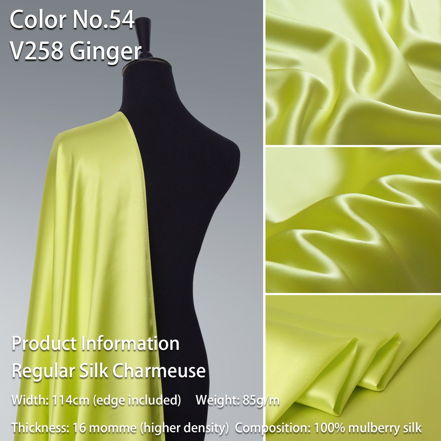 HYSK 100% Green Color Mulberry Silk Charmeuse High-End Refined Soft Lustered Silk Fabric Skin-Friendly For Night Dress Pajamas Beddings Lining, 120 colors available in stock