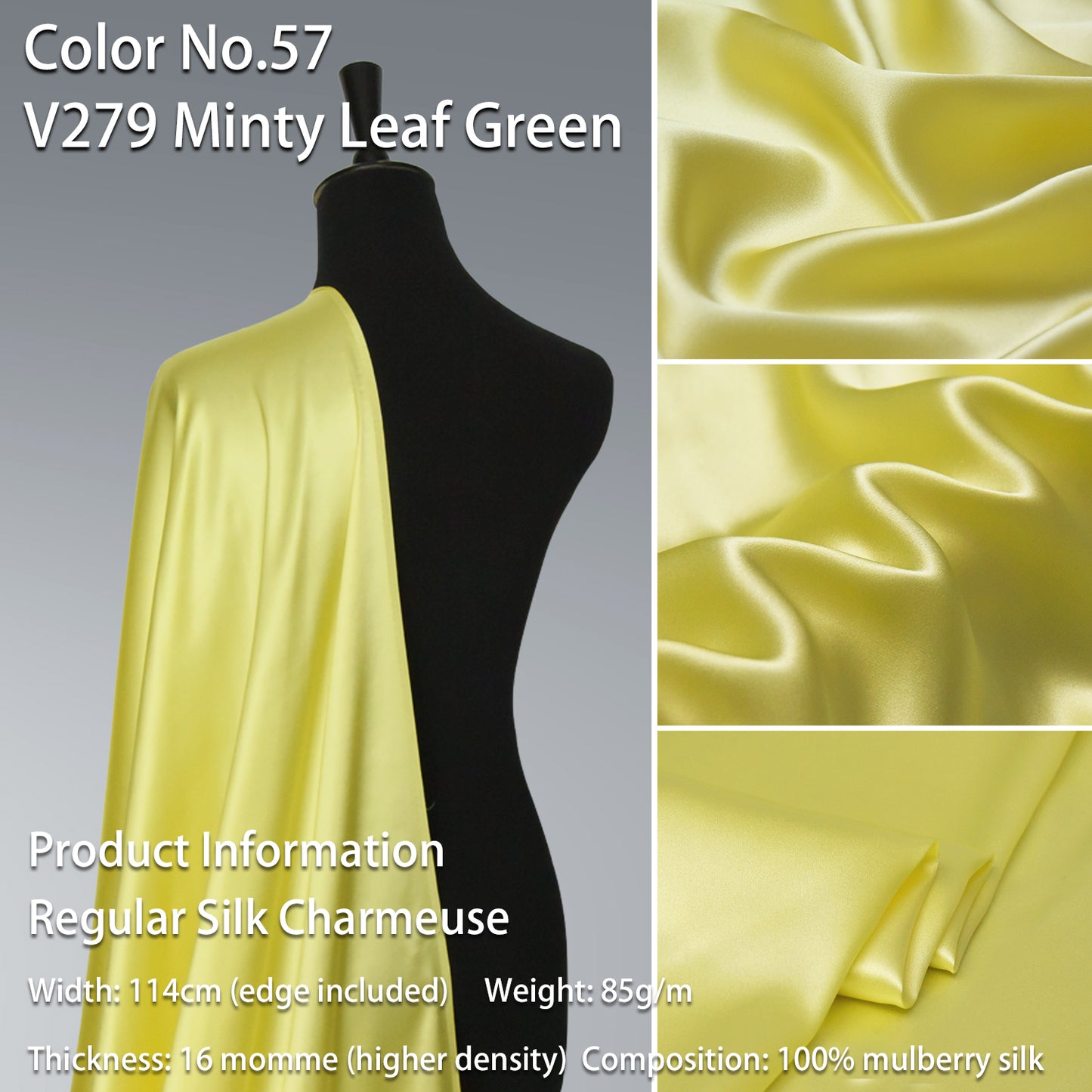HYSK 100% Green Color Mulberry Silk Charmeuse High-End Refined Soft Lustered Silk Fabric Skin-Friendly For Night Dress Pajamas Beddings Lining, 120 colors available in stock