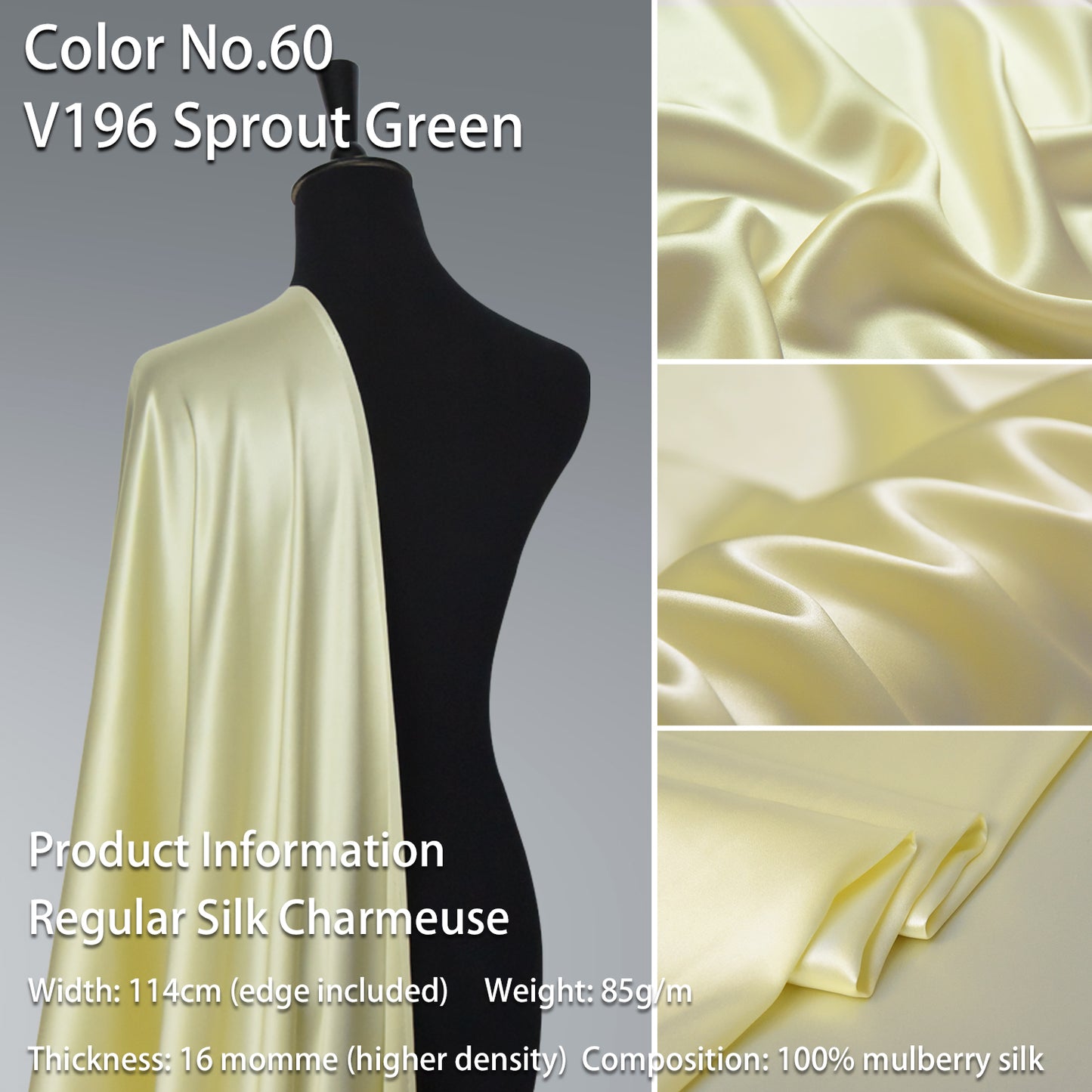 HYSK 100% Green Color Mulberry Silk Charmeuse High-End Refined Soft Lustered Silk Fabric Skin-Friendly For Night Dress Pajamas Beddings Lining, 120 colors available in stock