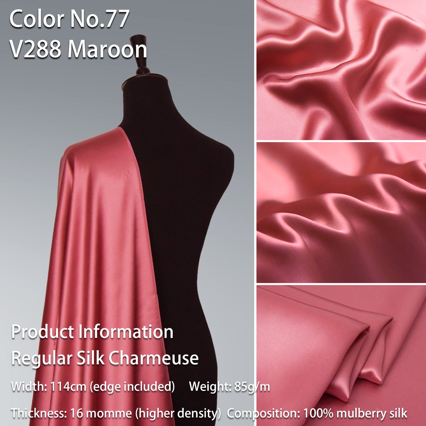 HYSK 100% Pink Color Mulberry Silk Charmeuse High-End Refined Soft Lustered Silk Fabric Skin-Friendly For Night Dress Pajamas Beddings Lining, 120 colors available in stock