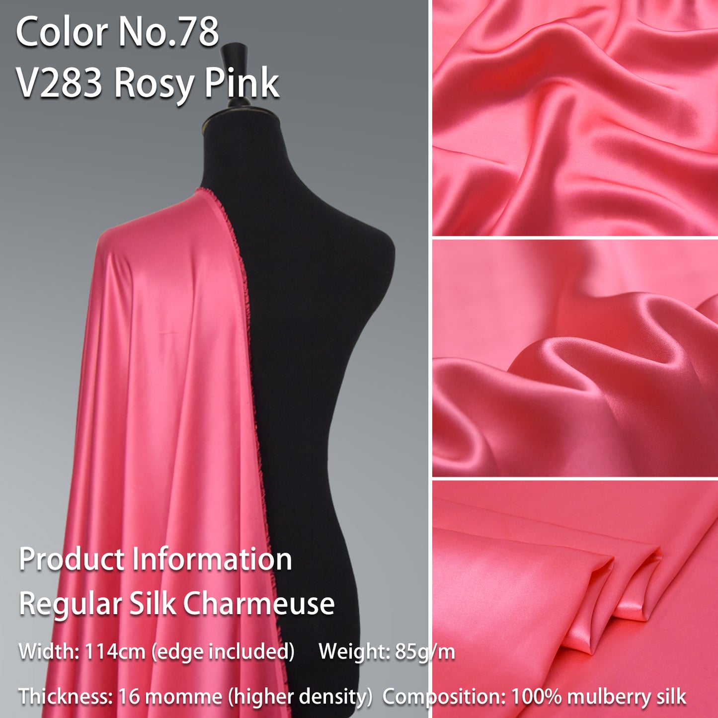 HYSK 100% Pink Color Mulberry Silk Charmeuse High-End Refined Soft Lustered Silk Fabric Skin-Friendly For Night Dress Pajamas Beddings Lining, 120 colors available in stock