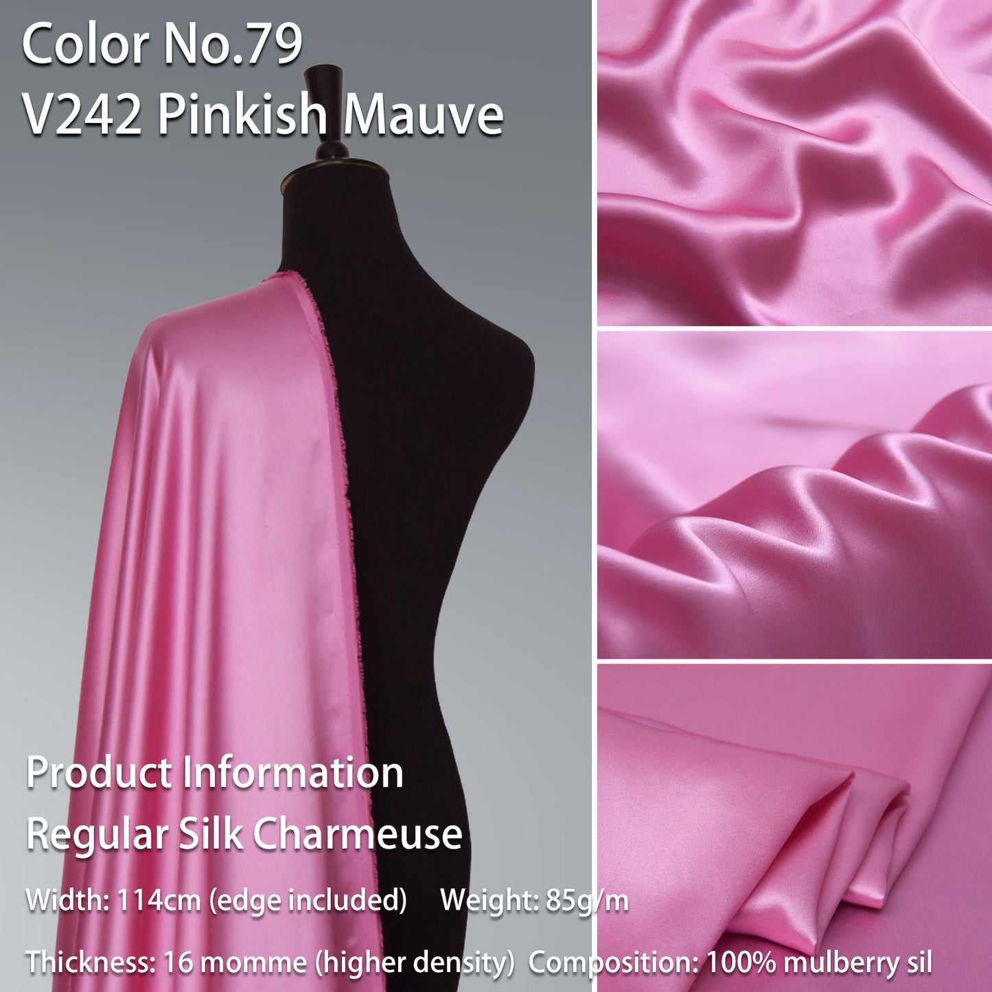 HYSK 100% Pink Color Mulberry Silk Charmeuse High-End Refined Soft Lustered Silk Fabric Skin-Friendly For Night Dress Pajamas Beddings Lining, 120 colors available in stock