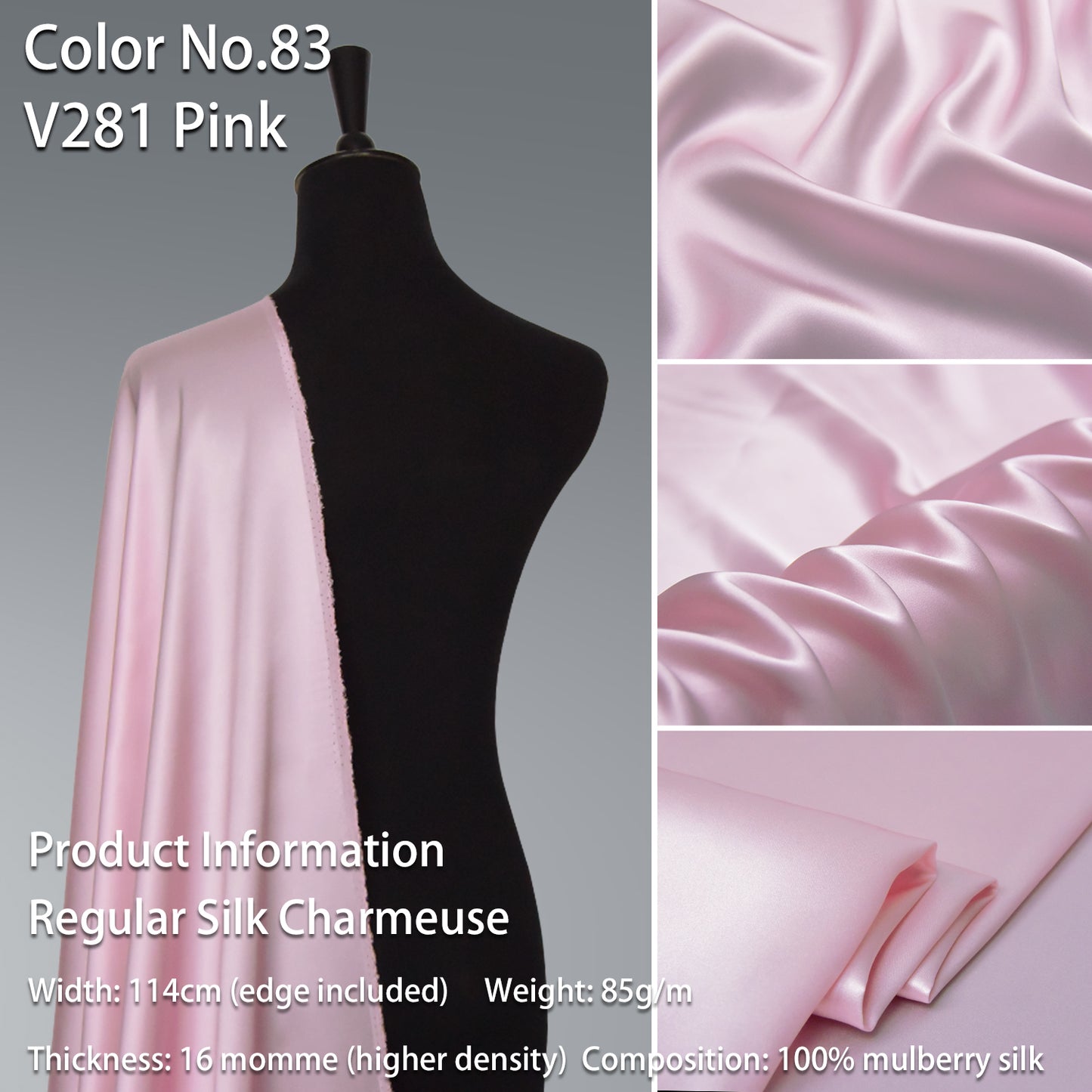 HYSK 100% Pink Color Mulberry Silk Charmeuse High-End Refined Soft Lustered Silk Fabric Skin-Friendly For Night Dress Pajamas Beddings Lining, 120 colors available in stock