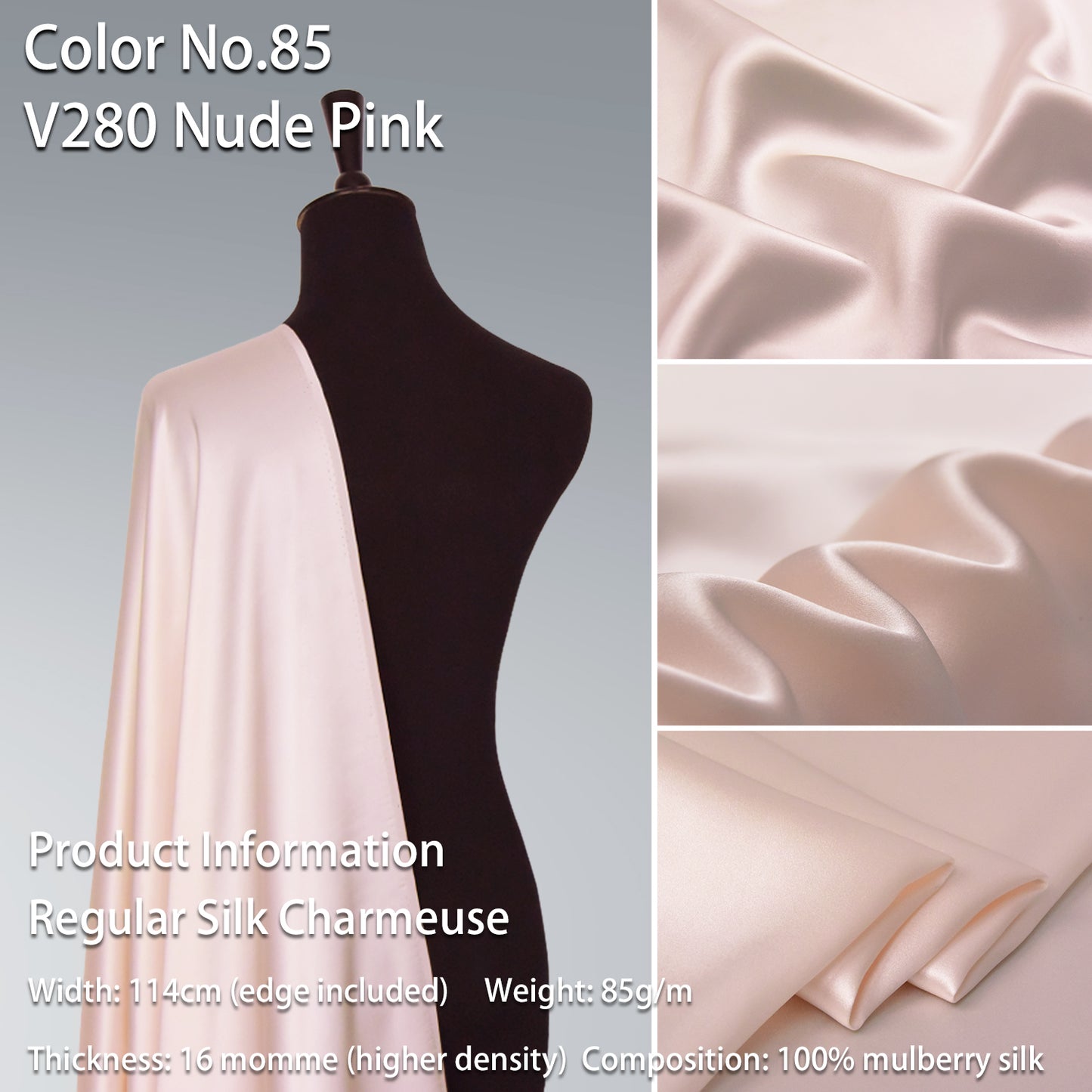 HYSK 100% Pink Color Mulberry Silk Charmeuse High-End Refined Soft Lustered Silk Fabric Skin-Friendly For Night Dress Pajamas Beddings Lining, 120 colors available in stock