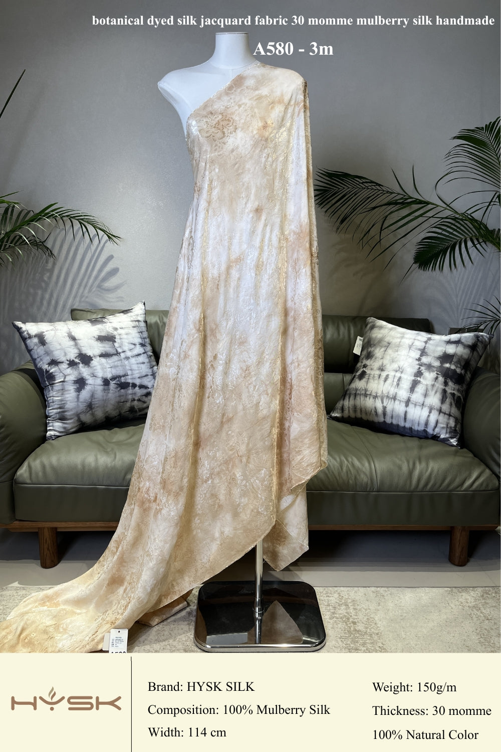 Botanical Dyed Silk Jacquard Fabric – 30 Momme Mulberry Silk, Handmade Natural Dye, Luxury Fabric by the Yard - A580