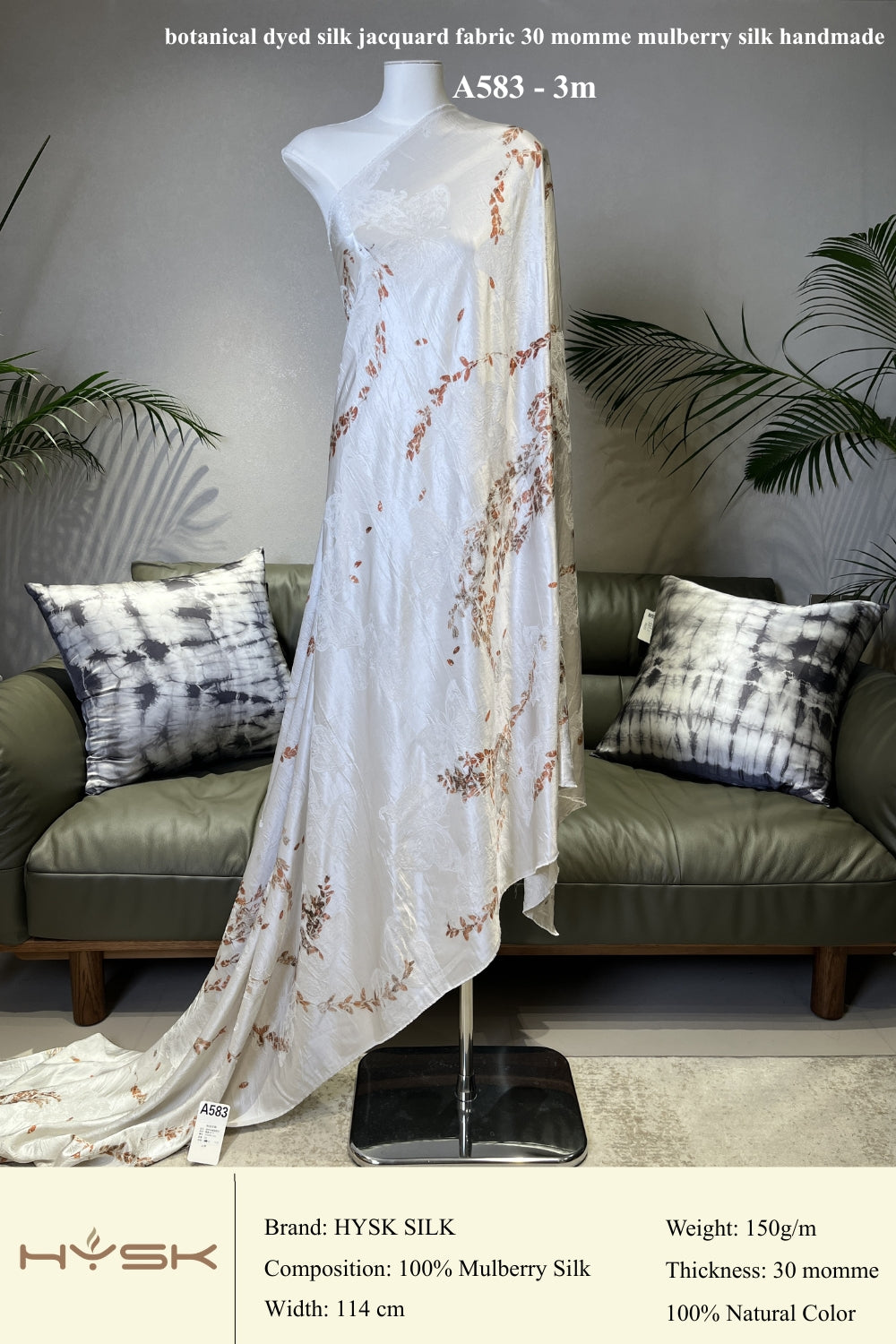 Botanical Dyed Silk Jacquard Fabric – 30 Momme Mulberry Silk, Handmade Natural Dye, Luxury Fabric by the Yard - A583