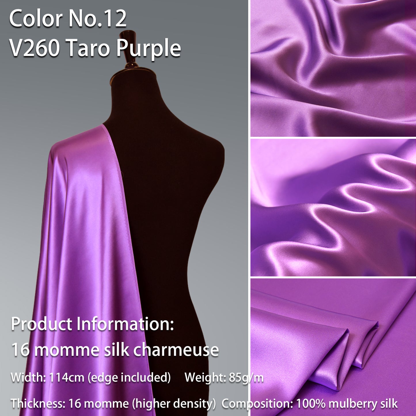 HYSK 100% Purple Color Mulberry Silk Charmeuse High-End Refined Soft Lustered Silk Fabric Skin-Friendly For Night Dress Pajamas Beddings Lining, 120 colors available in stock