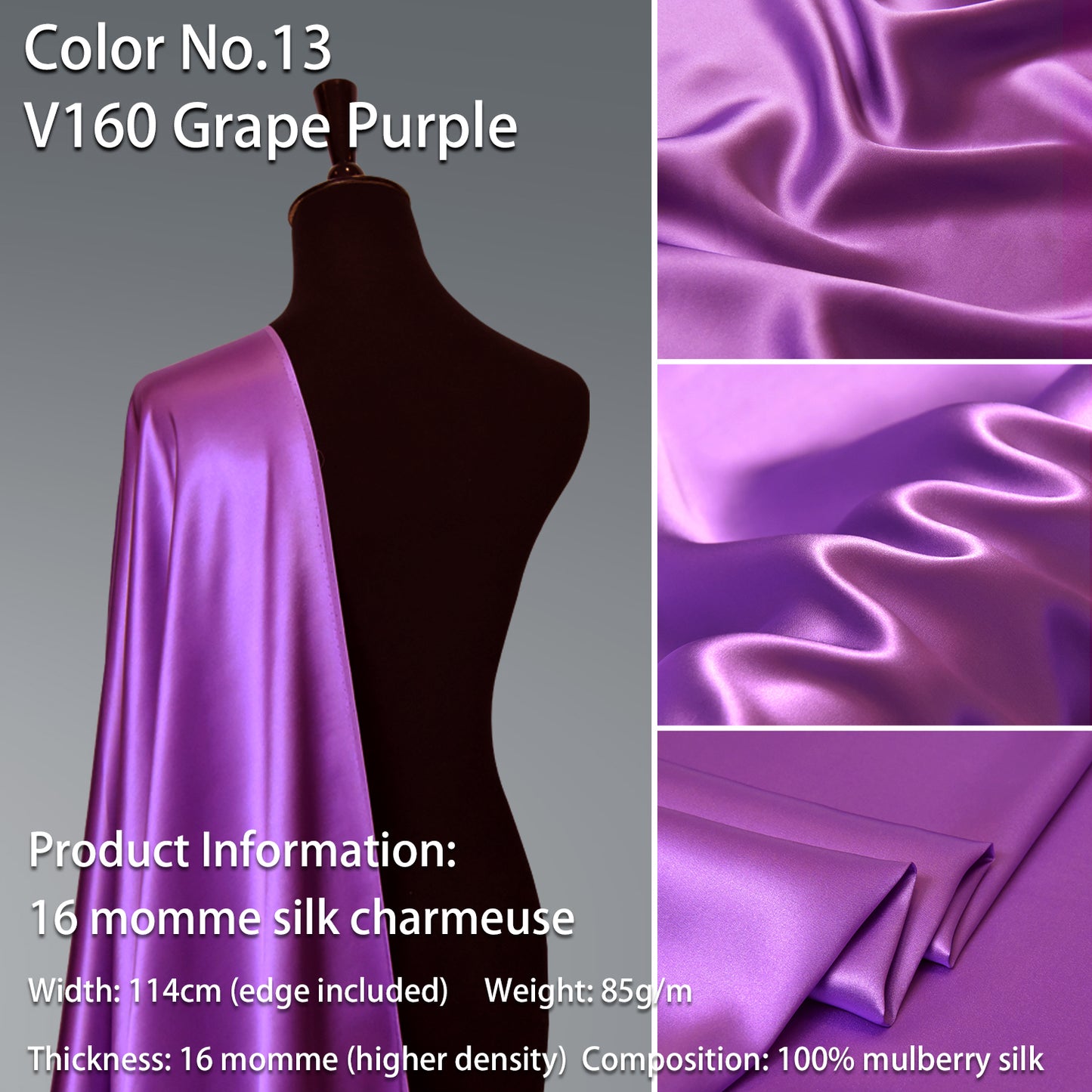 HYSK 100% Purple Color Mulberry Silk Charmeuse High-End Refined Soft Lustered Silk Fabric Skin-Friendly For Night Dress Pajamas Beddings Lining, 120 colors available in stock