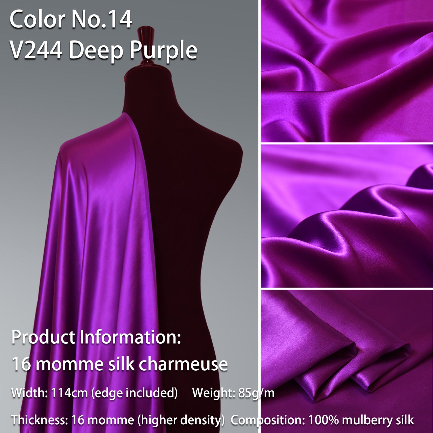 HYSK 100% Purple Color Mulberry Silk Charmeuse High-End Refined Soft Lustered Silk Fabric Skin-Friendly For Night Dress Pajamas Beddings Lining, 120 colors available in stock