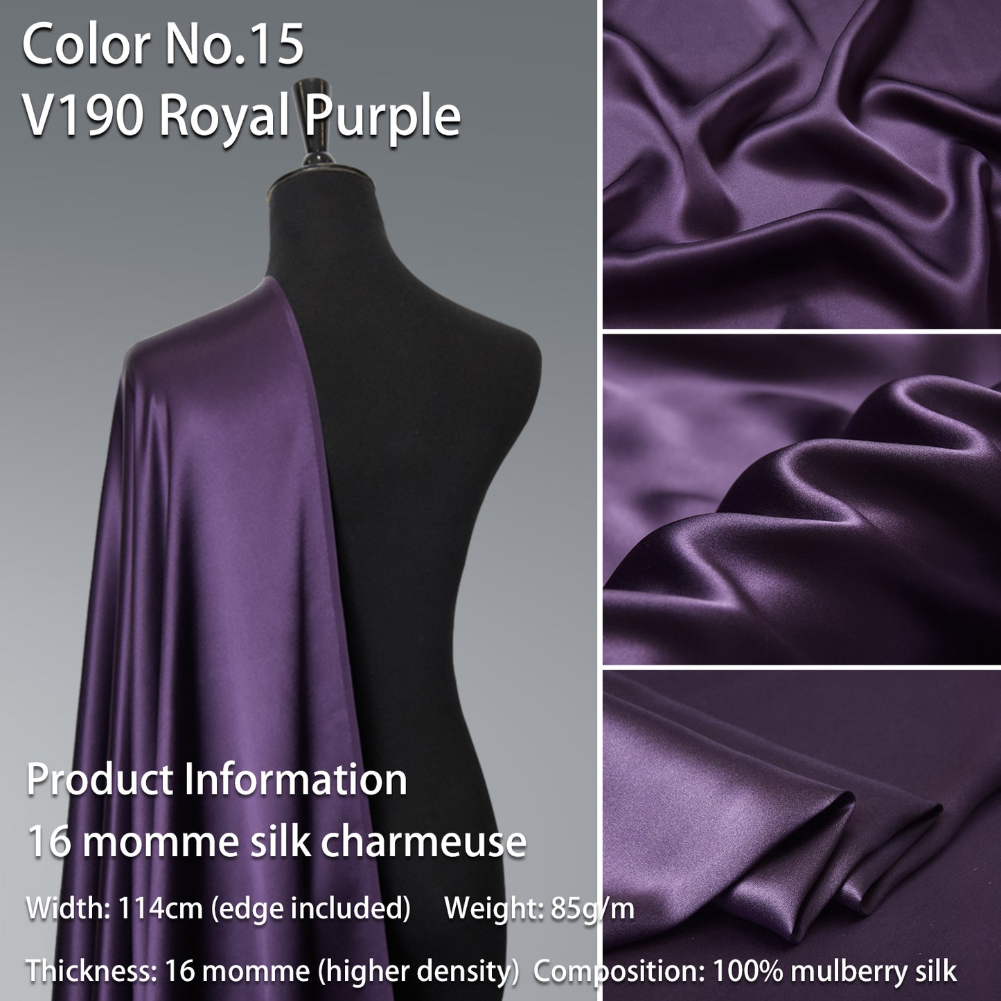 HYSK 100% Purple Color Mulberry Silk Charmeuse High-End Refined Soft Lustered Silk Fabric Skin-Friendly For Night Dress Pajamas Beddings Lining, 120 colors available in stock