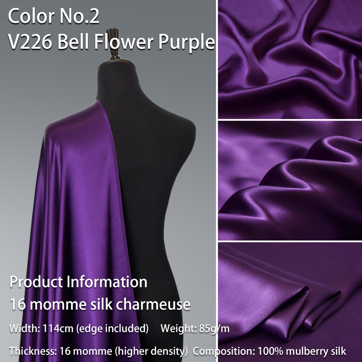 HYSK 100% Purple Color Mulberry Silk Charmeuse High-End Refined Soft Lustered Silk Fabric Skin-Friendly For Night Dress Pajamas Beddings Lining, 120 colors available in stock