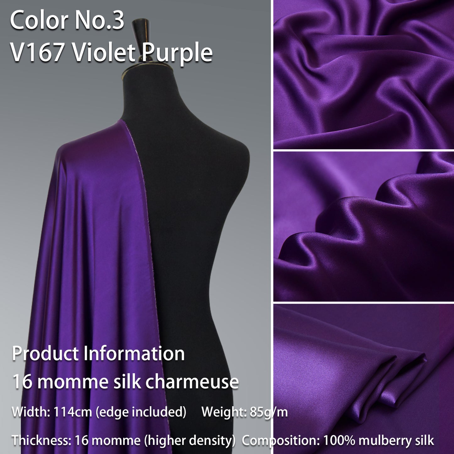 HYSK 100% Purple Color Mulberry Silk Charmeuse High-End Refined Soft Lustered Silk Fabric Skin-Friendly For Night Dress Pajamas Beddings Lining, 120 colors available in stock