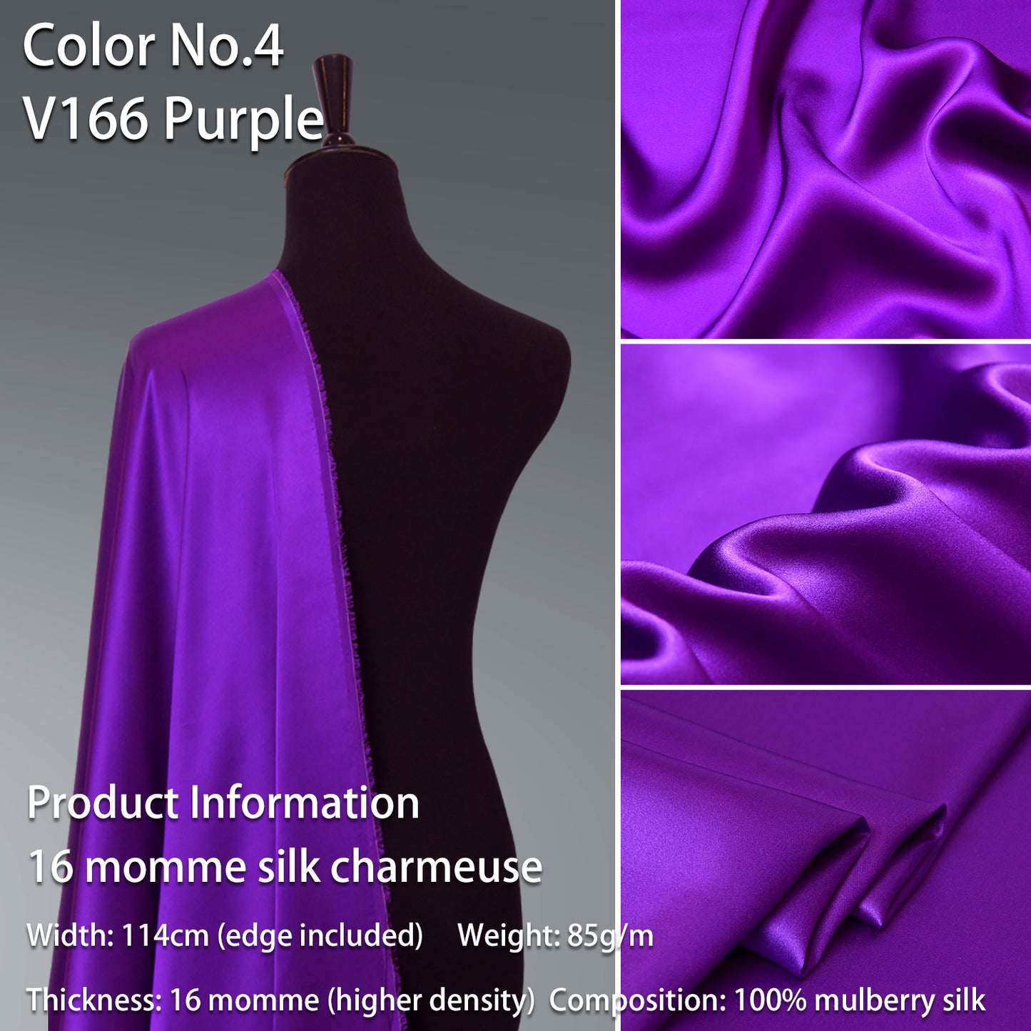 HYSK 100% Purple Color Mulberry Silk Charmeuse High-End Refined Soft Lustered Silk Fabric Skin-Friendly For Night Dress Pajamas Beddings Lining, 120 colors available in stock