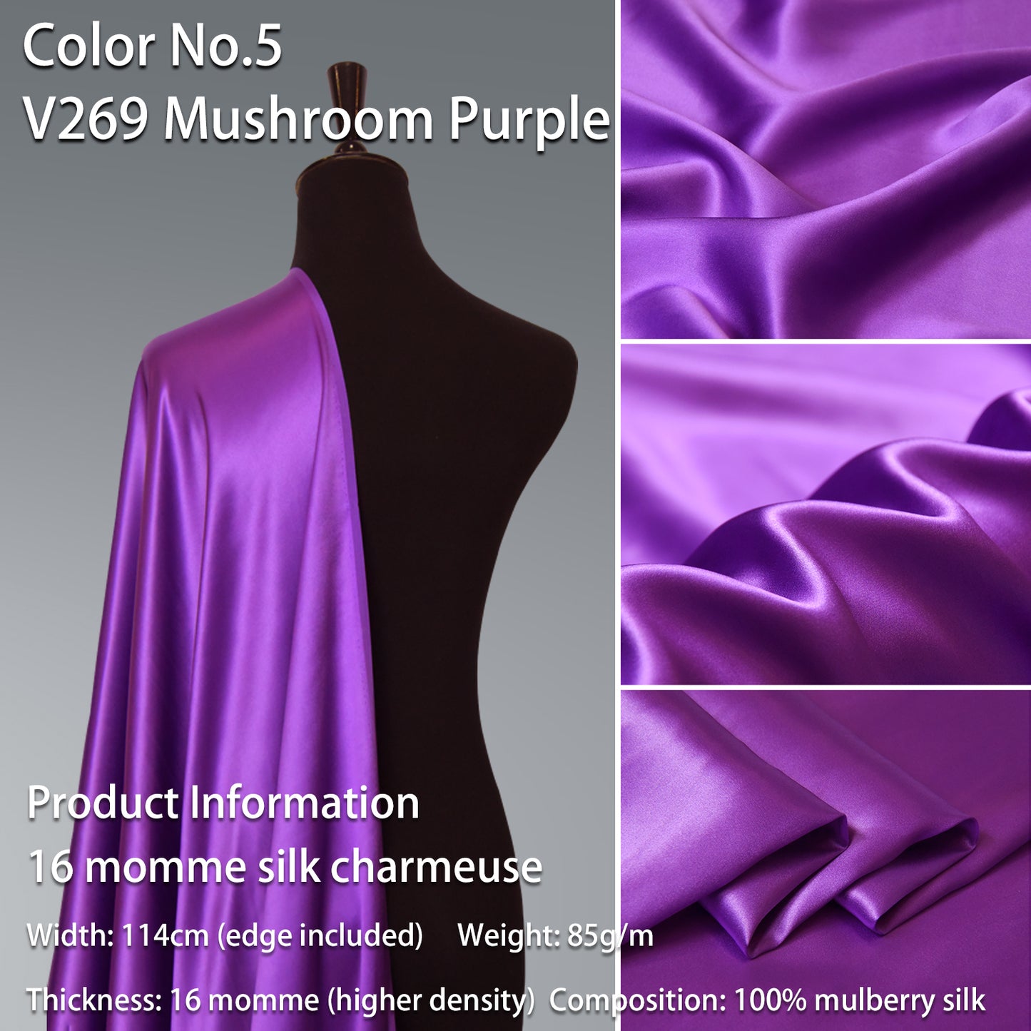 HYSK 100% Purple Color Mulberry Silk Charmeuse High-End Refined Soft Lustered Silk Fabric Skin-Friendly For Night Dress Pajamas Beddings Lining, 120 colors available in stock