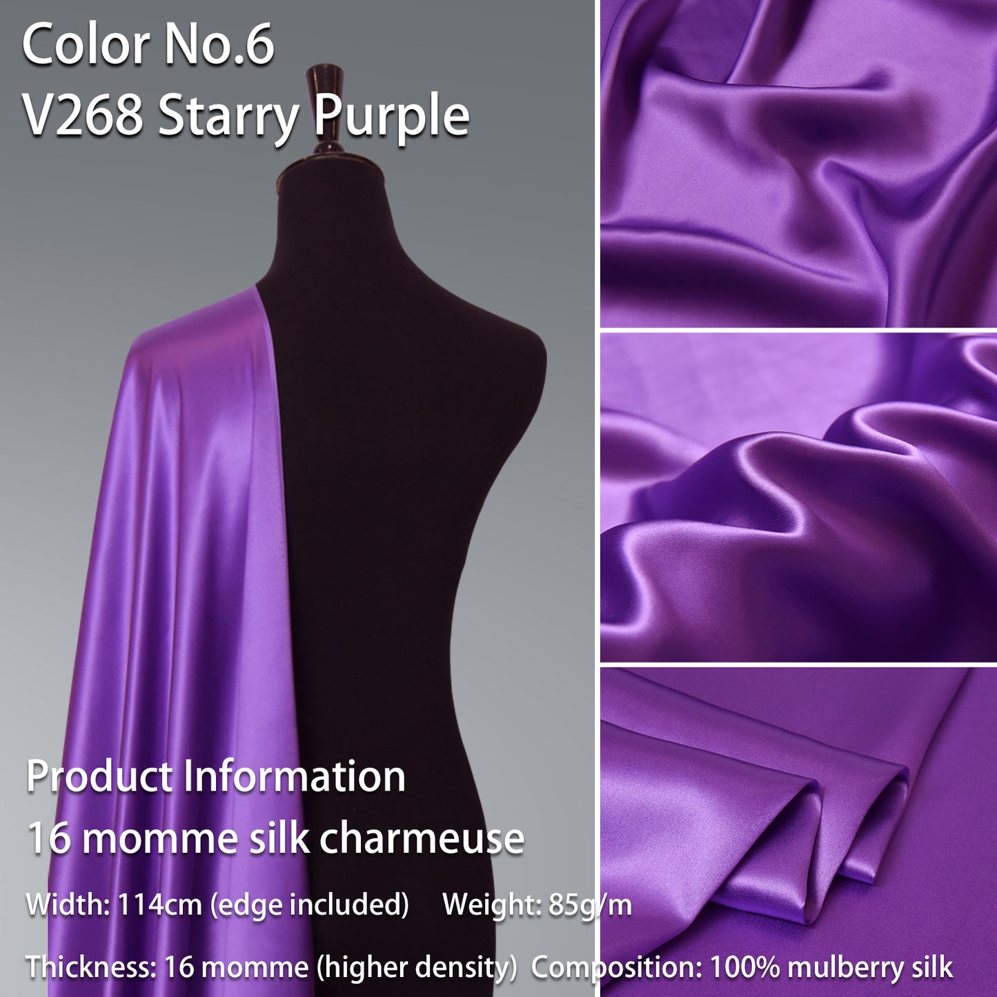 HYSK 100% Purple Color Mulberry Silk Charmeuse High-End Refined Soft Lustered Silk Fabric Skin-Friendly For Night Dress Pajamas Beddings Lining, 120 colors available in stock