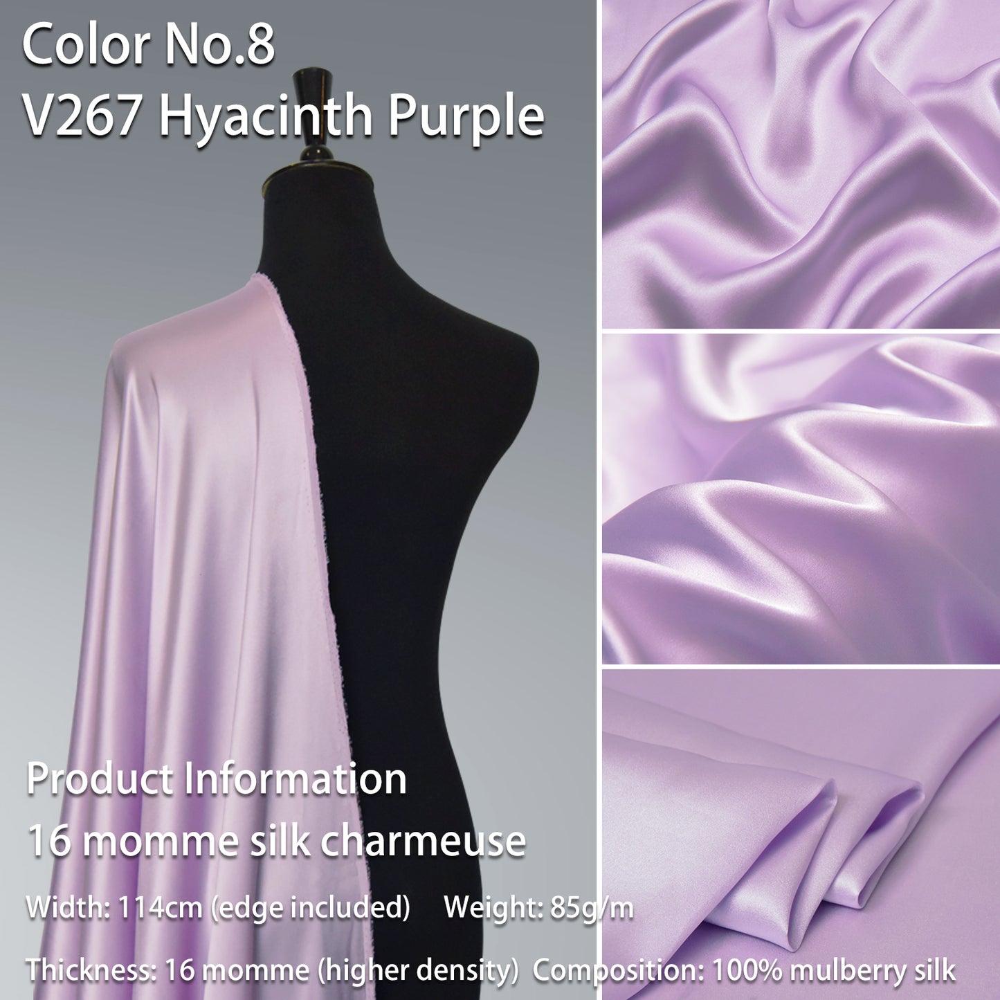 HYSK 100% Purple Color Mulberry Silk Charmeuse High-End Refined Soft Lustered Silk Fabric Skin-Friendly For Night Dress Pajamas Beddings Lining, 120 colors available in stock