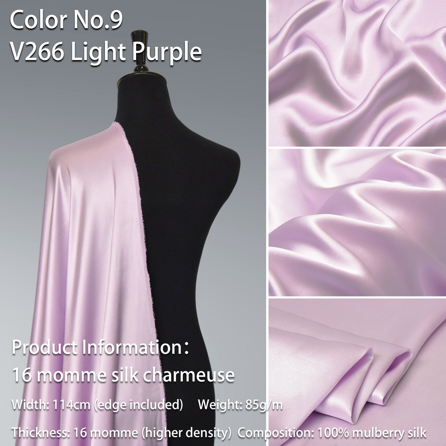 HYSK 100% Purple Color Mulberry Silk Charmeuse High-End Refined Soft Lustered Silk Fabric Skin-Friendly For Night Dress Pajamas Beddings Lining, 120 colors available in stock
