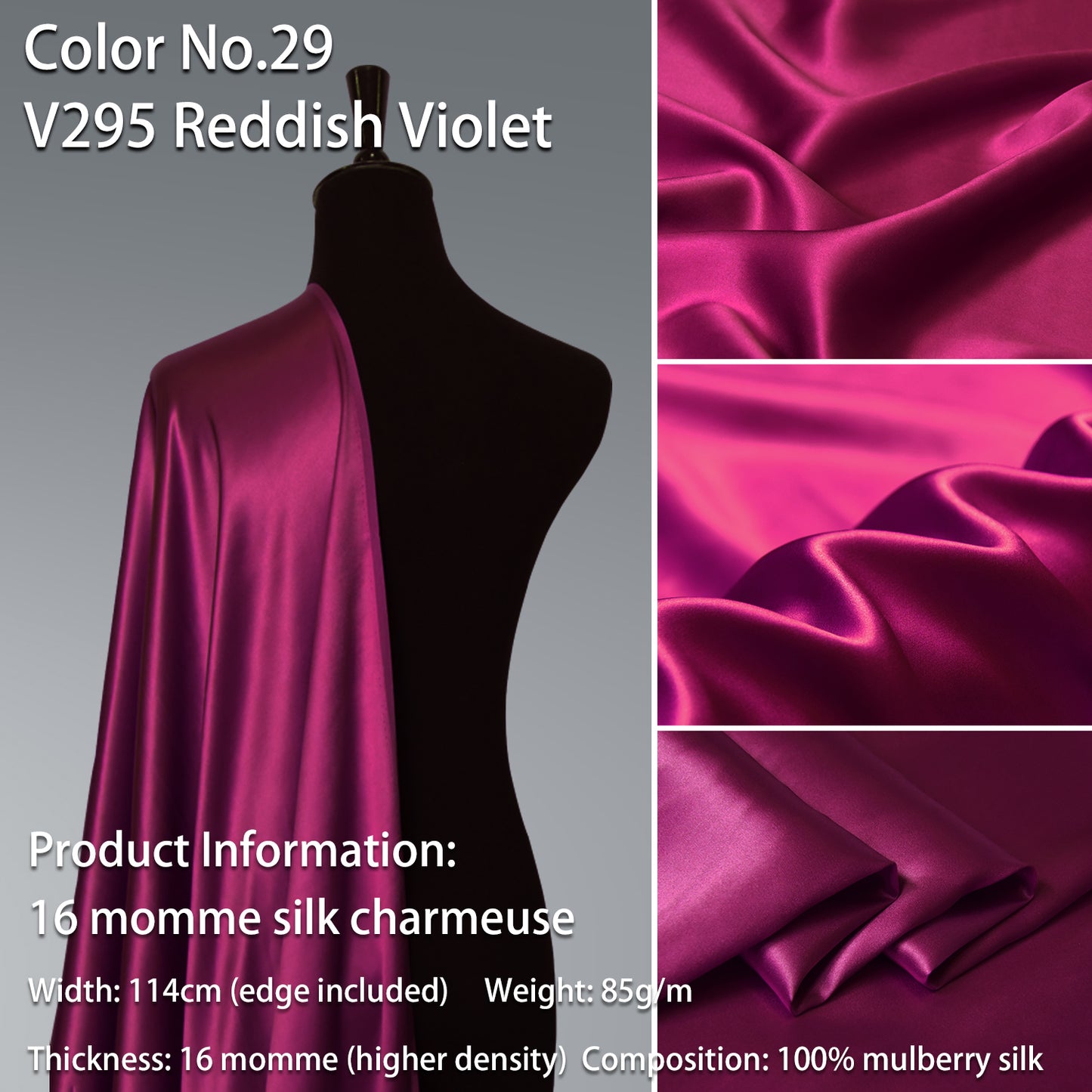 HYSK 100% Red Color Mulberry Silk Charmeuse High-End Refined Soft Lustered Silk Fabric Skin-Friendly For Night Dress Pajamas Beddings Lining, 120 colors available in stock