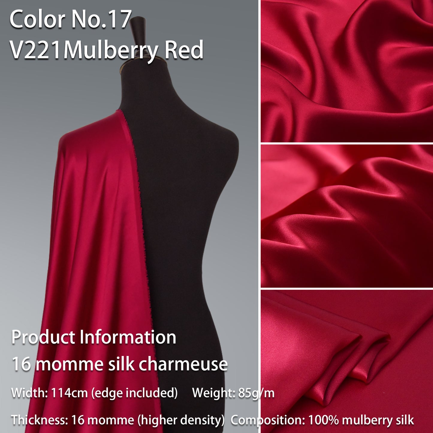 HYSK 100% Red Color Mulberry Silk Charmeuse High-End Refined Soft Lustered Silk Fabric Skin-Friendly For Night Dress Pajamas Beddings Lining, 120 colors available in stock