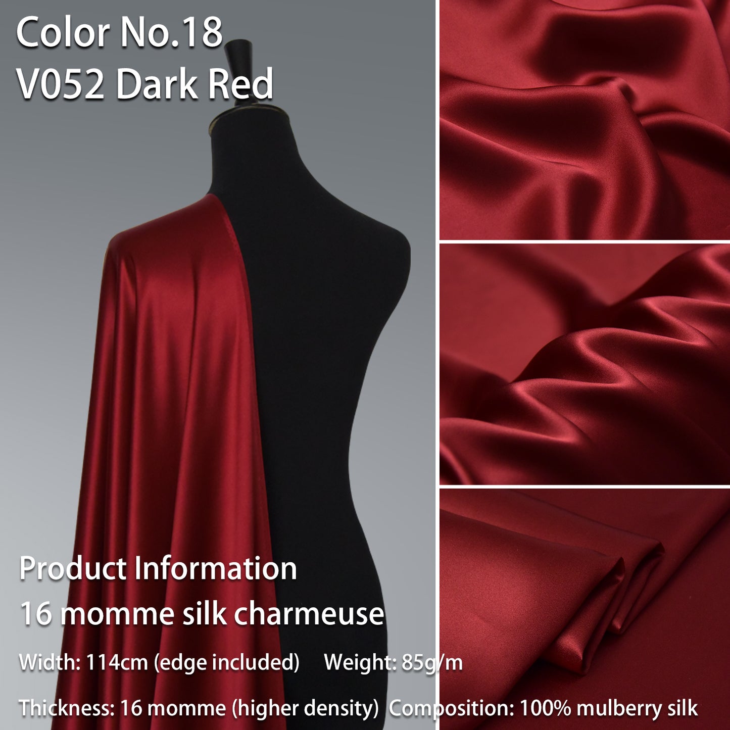 HYSK 100% Red Color Mulberry Silk Charmeuse High-End Refined Soft Lustered Silk Fabric Skin-Friendly For Night Dress Pajamas Beddings Lining, 120 colors available in stock