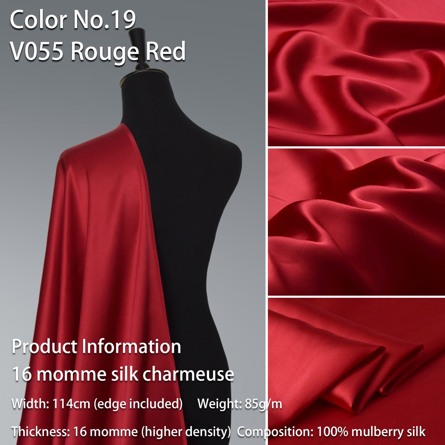 HYSK 100% Red Color Mulberry Silk Charmeuse High-End Refined Soft Lustered Silk Fabric Skin-Friendly For Night Dress Pajamas Beddings Lining, 120 colors available in stock