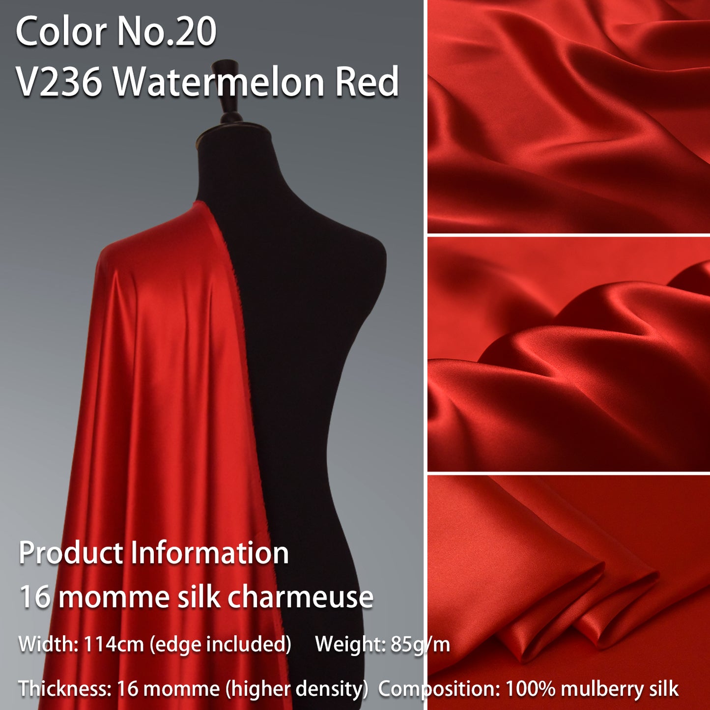 HYSK 100% Red Color Mulberry Silk Charmeuse High-End Refined Soft Lustered Silk Fabric Skin-Friendly For Night Dress Pajamas Beddings Lining, 120 colors available in stock