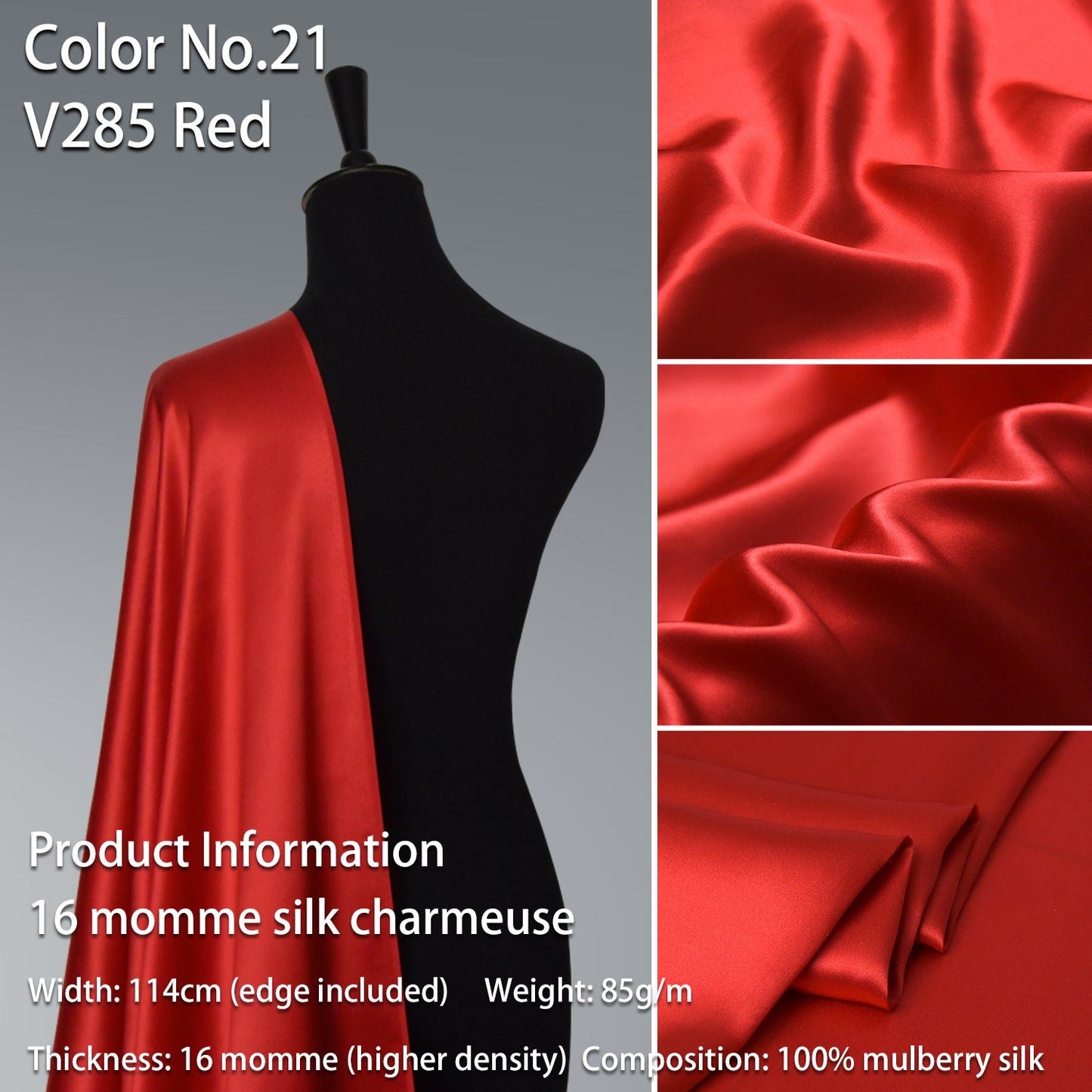 HYSK 100% Red Color Mulberry Silk Charmeuse High-End Refined Soft Lustered Silk Fabric Skin-Friendly For Night Dress Pajamas Beddings Lining, 120 colors available in stock