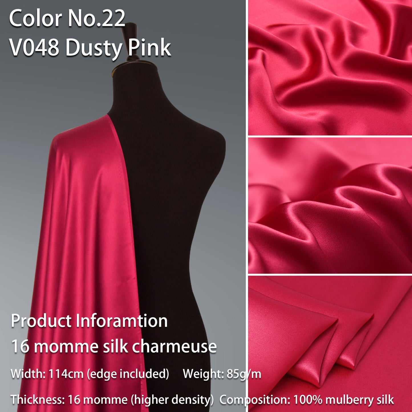 HYSK 100% Red Color Mulberry Silk Charmeuse High-End Refined Soft Lustered Silk Fabric Skin-Friendly For Night Dress Pajamas Beddings Lining, 120 colors available in stock