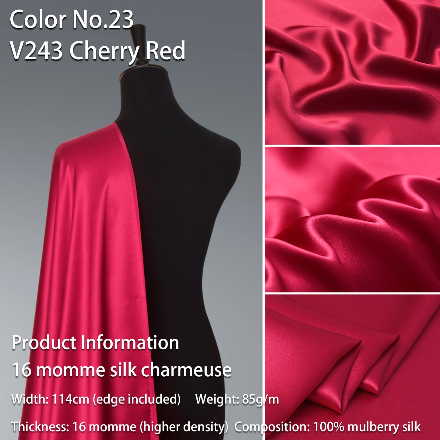 HYSK 100% Red Color Mulberry Silk Charmeuse High-End Refined Soft Lustered Silk Fabric Skin-Friendly For Night Dress Pajamas Beddings Lining, 120 colors available in stock