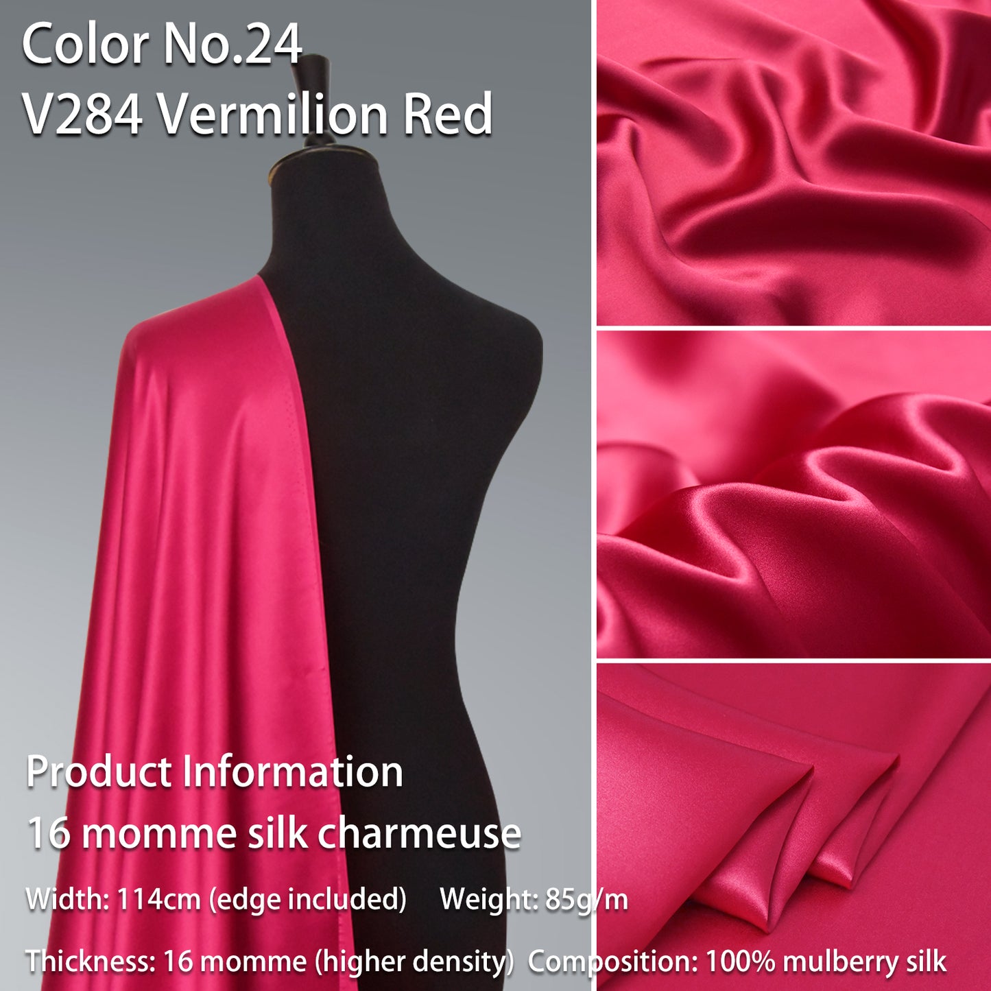 HYSK 100% Red Color Mulberry Silk Charmeuse High-End Refined Soft Lustered Silk Fabric Skin-Friendly For Night Dress Pajamas Beddings Lining, 120 colors available in stock