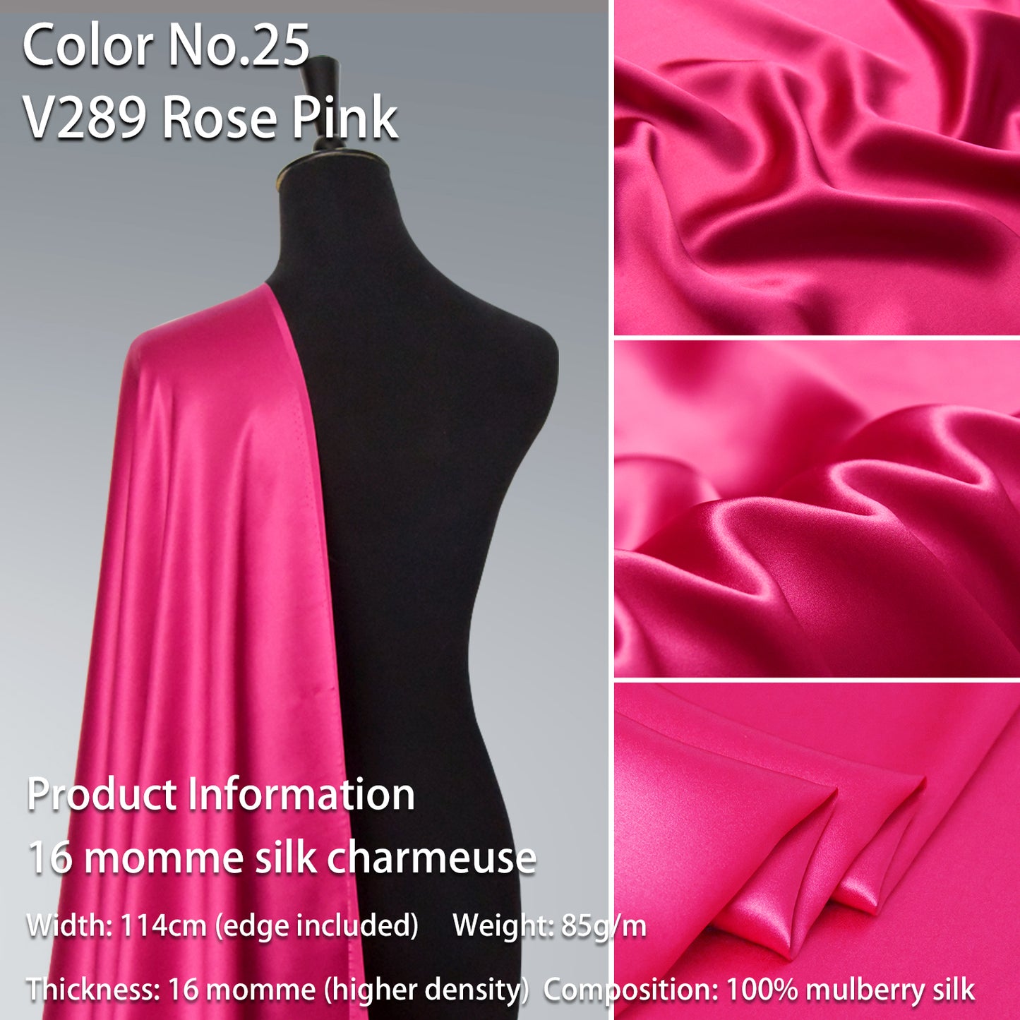 HYSK 100% Red Color Mulberry Silk Charmeuse High-End Refined Soft Lustered Silk Fabric Skin-Friendly For Night Dress Pajamas Beddings Lining, 120 colors available in stock