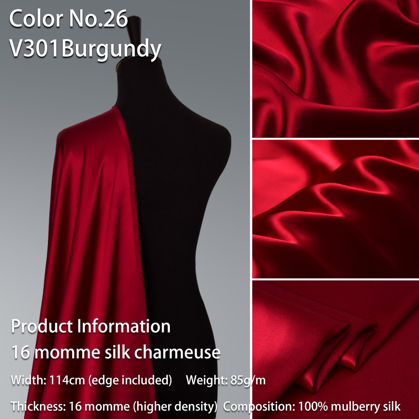 HYSK 100% Red Color Mulberry Silk Charmeuse High-End Refined Soft Lustered Silk Fabric Skin-Friendly For Night Dress Pajamas Beddings Lining, 120 colors available in stock