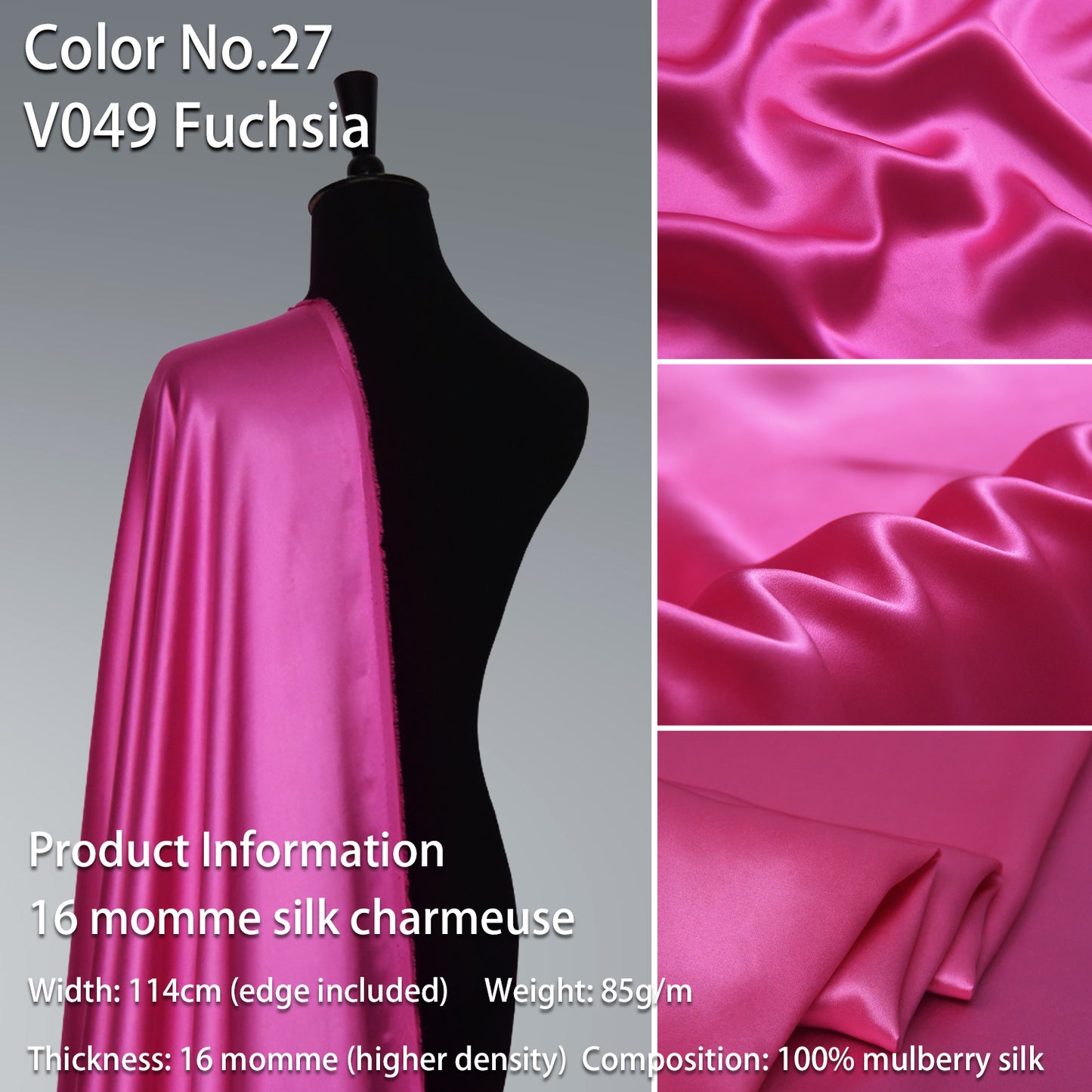 HYSK 100% Red Color Mulberry Silk Charmeuse High-End Refined Soft Lustered Silk Fabric Skin-Friendly For Night Dress Pajamas Beddings Lining, 120 colors available in stock