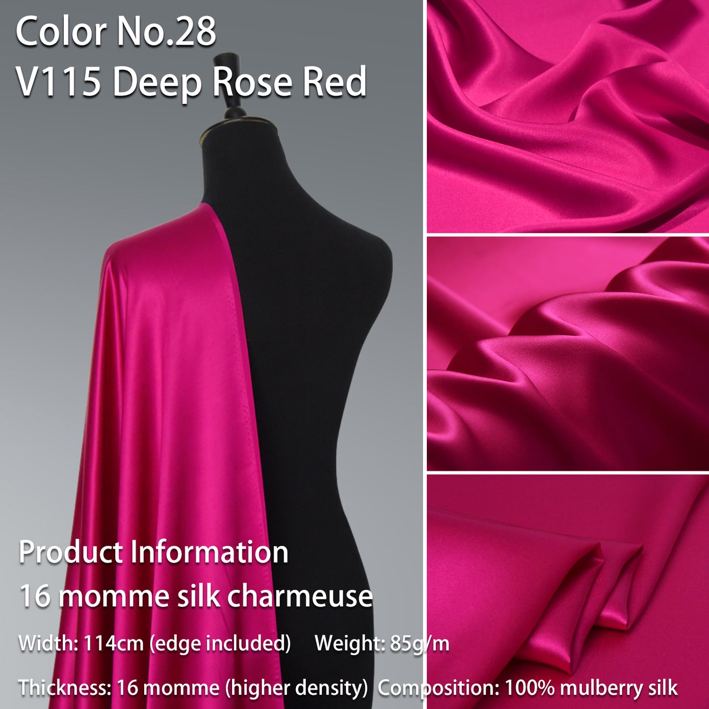 HYSK 100% Red Color Mulberry Silk Charmeuse High-End Refined Soft Lustered Silk Fabric Skin-Friendly For Night Dress Pajamas Beddings Lining, 120 colors available in stock