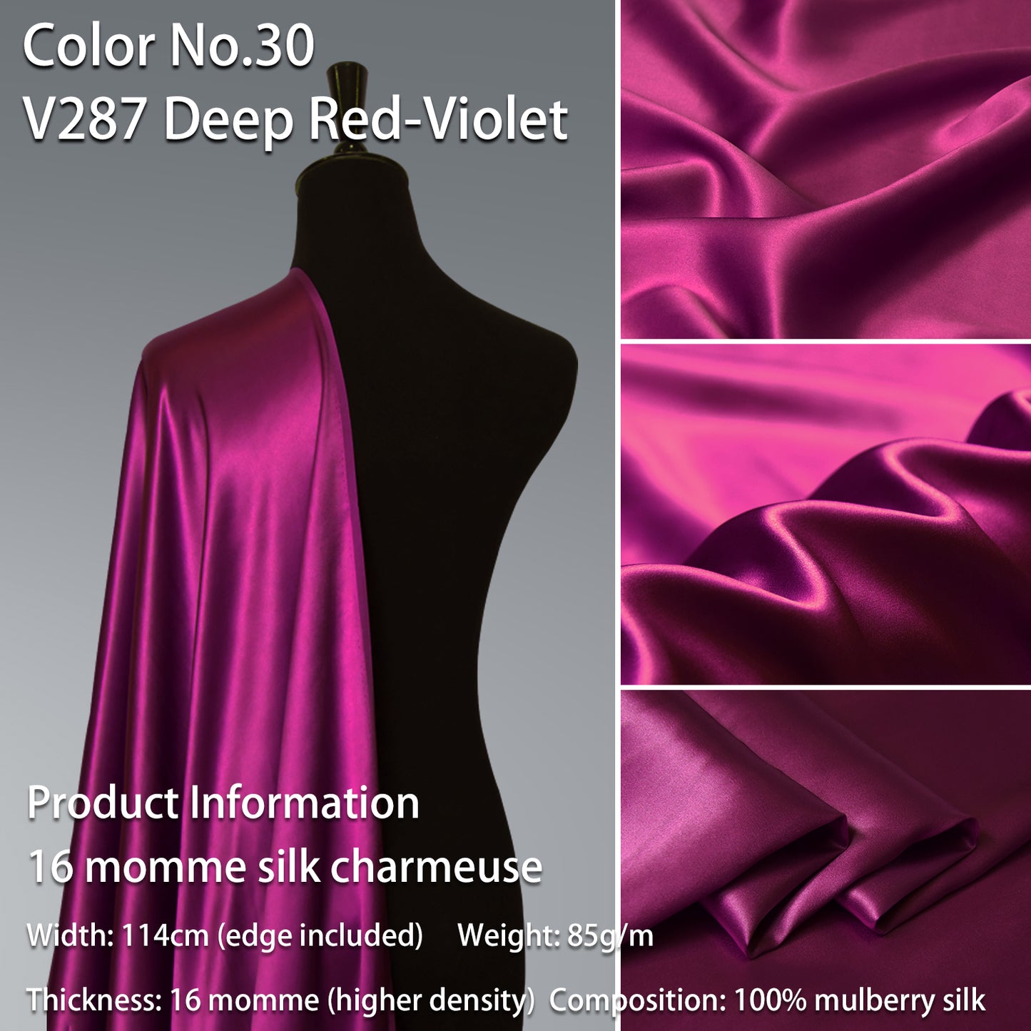 HYSK 100% Red Color Mulberry Silk Charmeuse High-End Refined Soft Lustered Silk Fabric Skin-Friendly For Night Dress Pajamas Beddings Lining, 120 colors available in stock