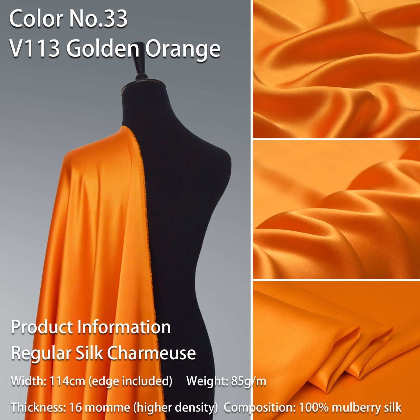 HYSK 100% Yellow Color Mulberry Silk Charmeuse High-End Refined Soft Lustered Silk Fabric Skin-Friendly For Night Dress Pajamas Beddings Lining, 120 colors available in stock