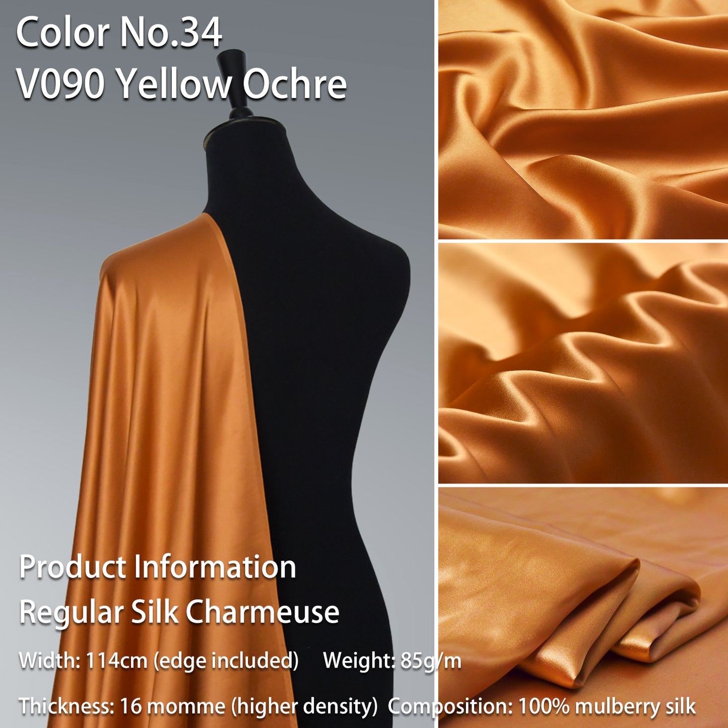 HYSK 100% Yellow Color Mulberry Silk Charmeuse High-End Refined Soft Lustered Silk Fabric Skin-Friendly For Night Dress Pajamas Beddings Lining, 120 colors available in stock