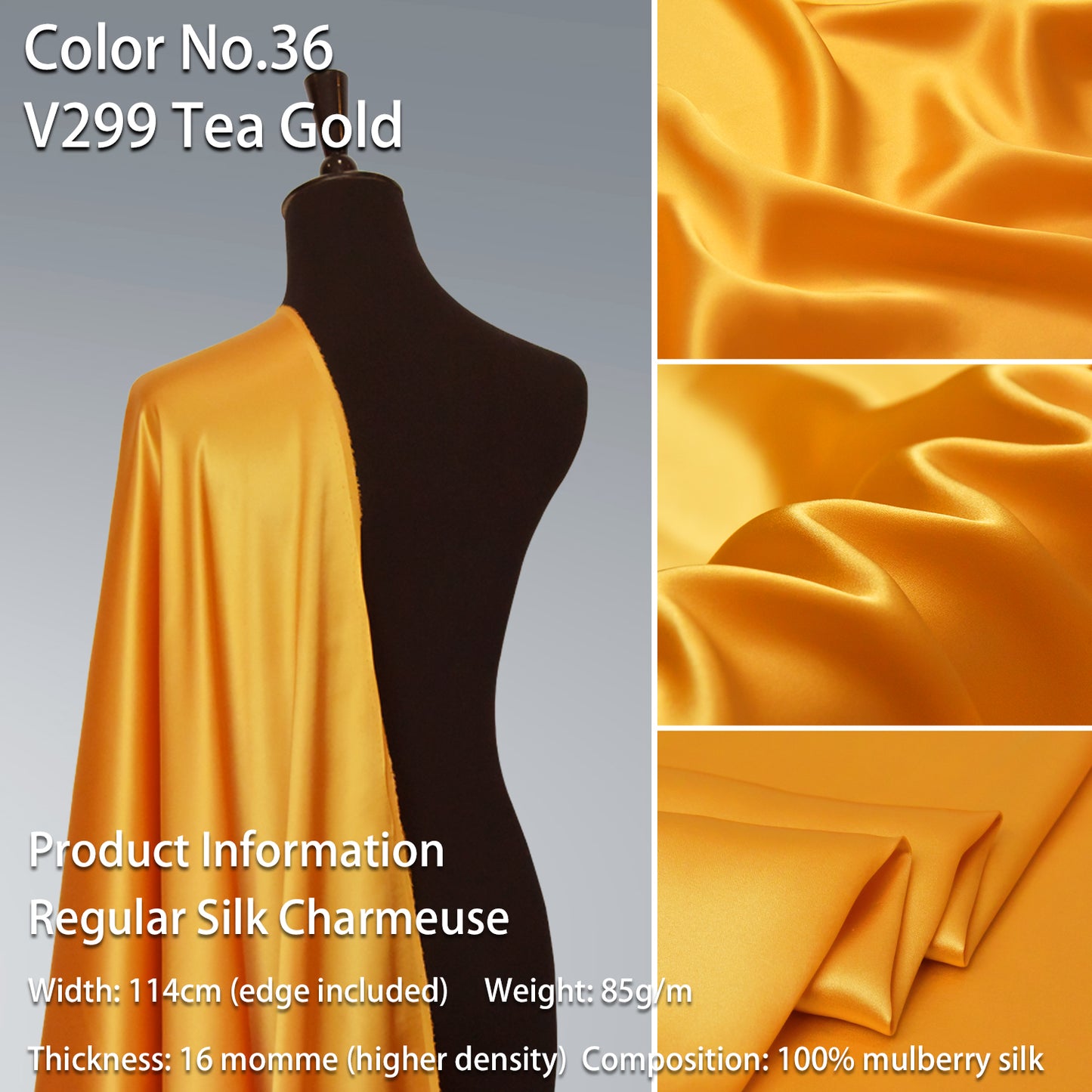 HYSK 100% Yellow Color Mulberry Silk Charmeuse High-End Refined Soft Lustered Silk Fabric Skin-Friendly For Night Dress Pajamas Beddings Lining, 120 colors available in stock