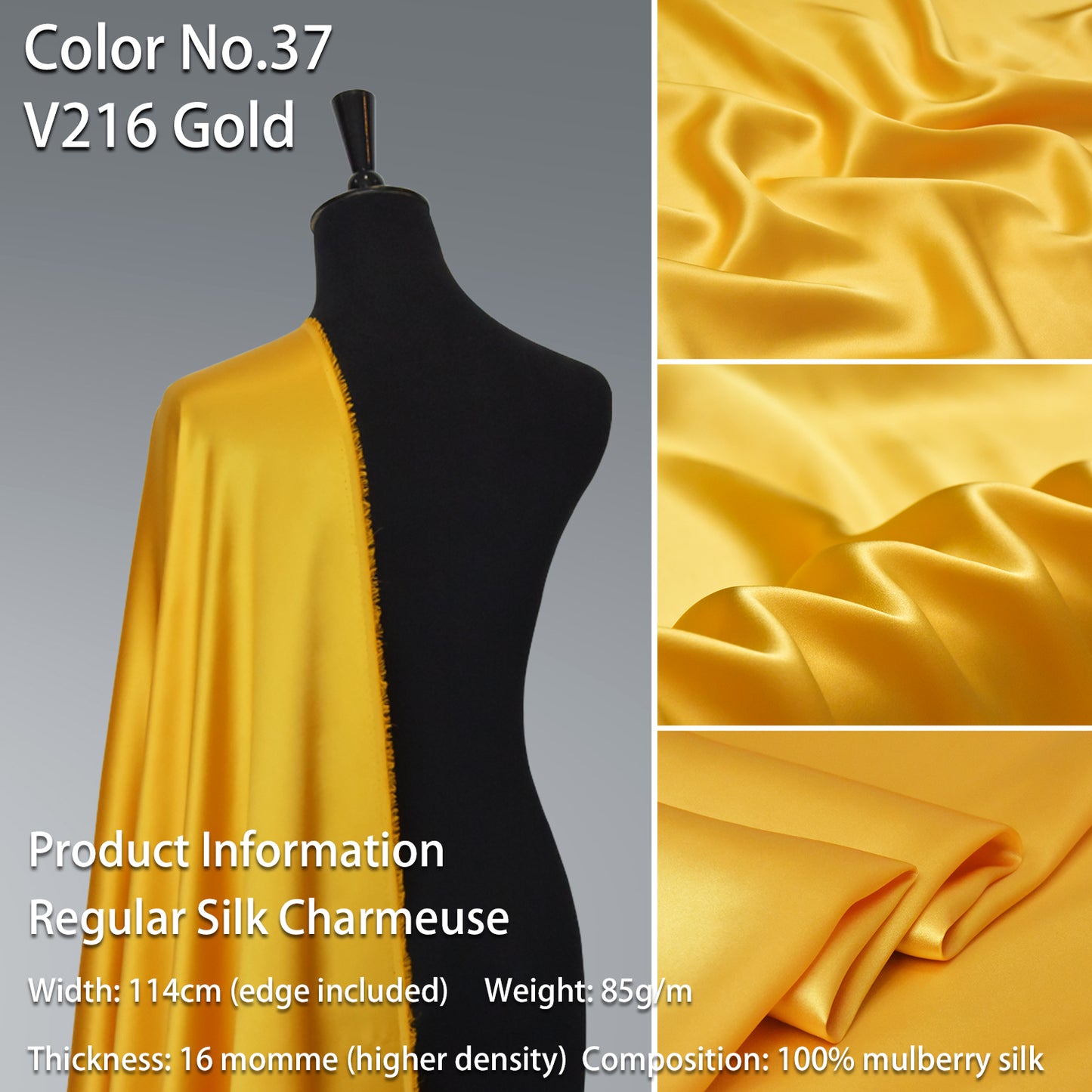 HYSK 100% Yellow Color Mulberry Silk Charmeuse High-End Refined Soft Lustered Silk Fabric Skin-Friendly For Night Dress Pajamas Beddings Lining, 120 colors available in stock