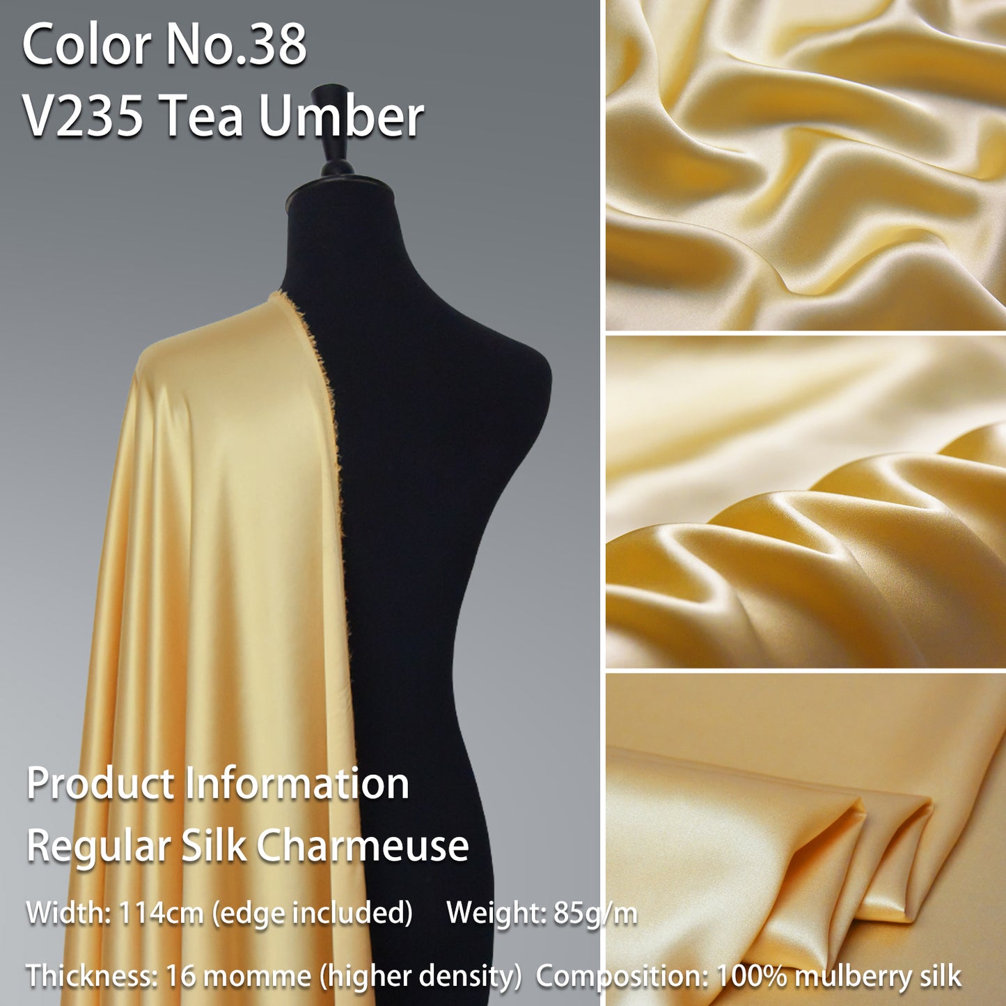 HYSK 100% Yellow Color Mulberry Silk Charmeuse High-End Refined Soft Lustered Silk Fabric Skin-Friendly For Night Dress Pajamas Beddings Lining, 120 colors available in stock