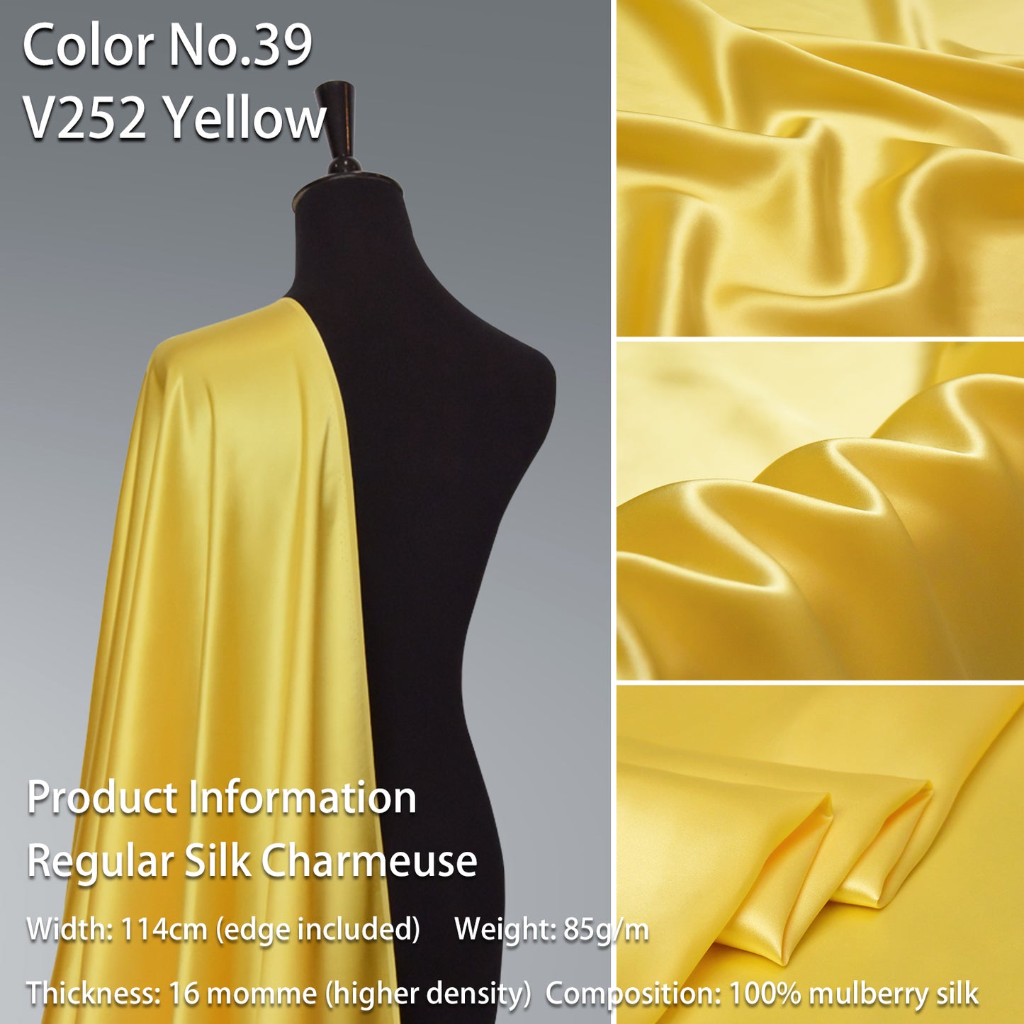 HYSK 100% Yellow Color Mulberry Silk Charmeuse High-End Refined Soft Lustered Silk Fabric Skin-Friendly For Night Dress Pajamas Beddings Lining, 120 colors available in stock