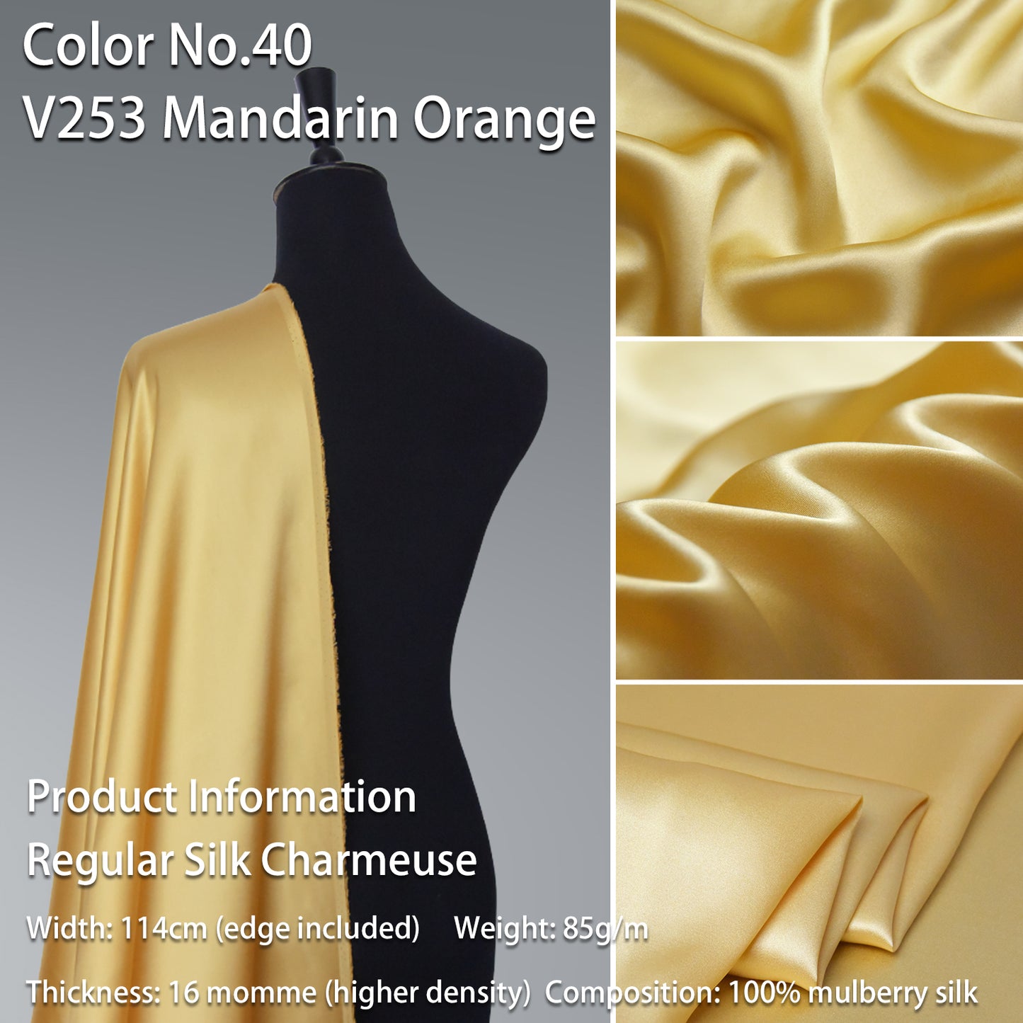 HYSK 100% Yellow Color Mulberry Silk Charmeuse High-End Refined Soft Lustered Silk Fabric Skin-Friendly For Night Dress Pajamas Beddings Lining, 120 colors available in stock