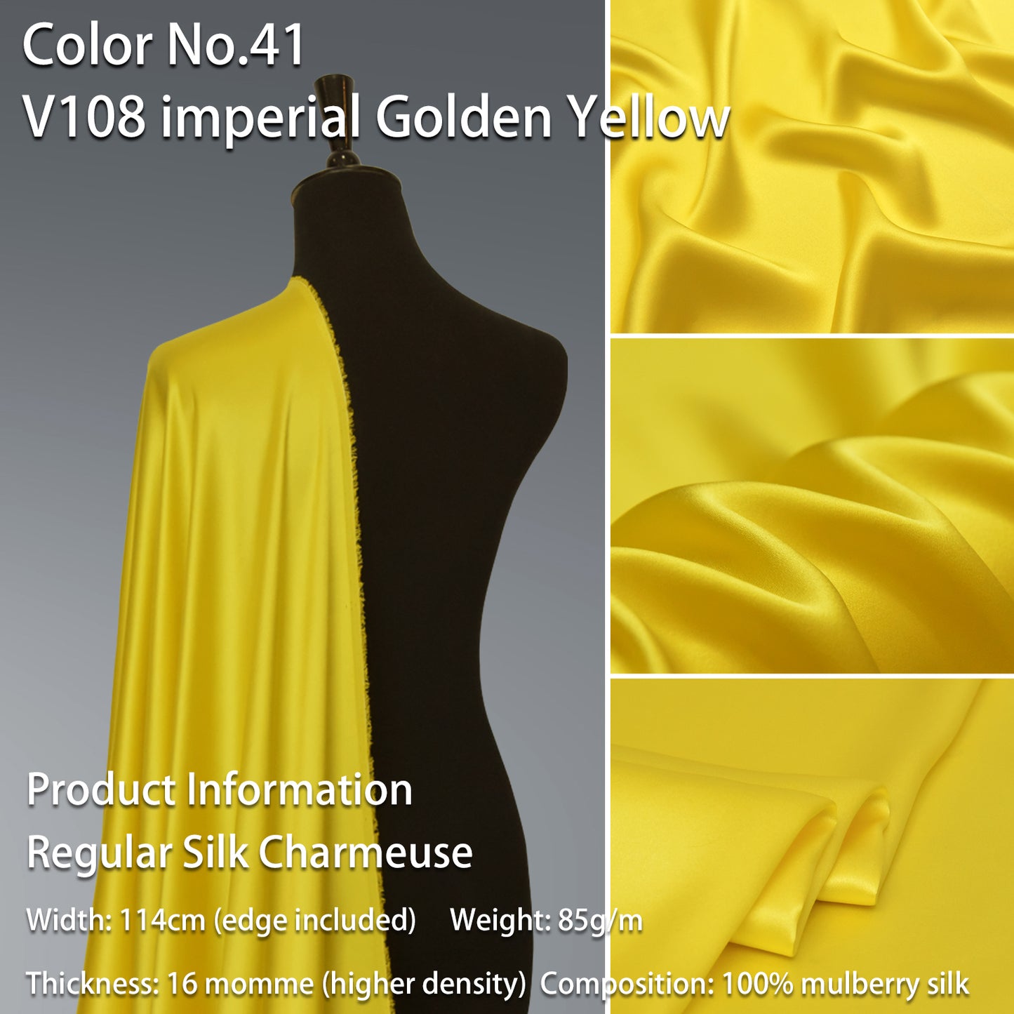 HYSK 100% Yellow Color Mulberry Silk Charmeuse High-End Refined Soft Lustered Silk Fabric Skin-Friendly For Night Dress Pajamas Beddings Lining, 120 colors available in stock