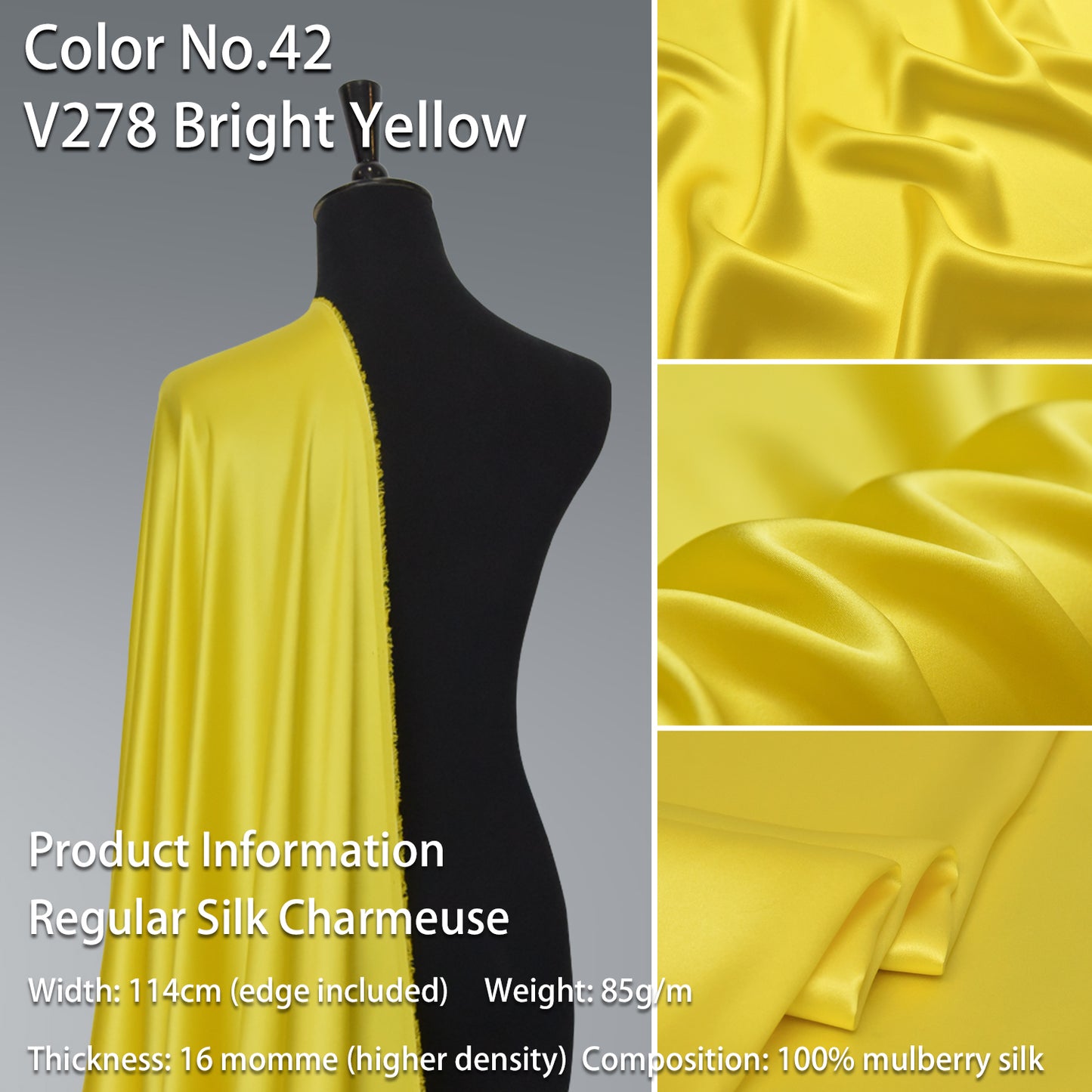 HYSK 100% Yellow Color Mulberry Silk Charmeuse High-End Refined Soft Lustered Silk Fabric Skin-Friendly For Night Dress Pajamas Beddings Lining, 120 colors available in stock
