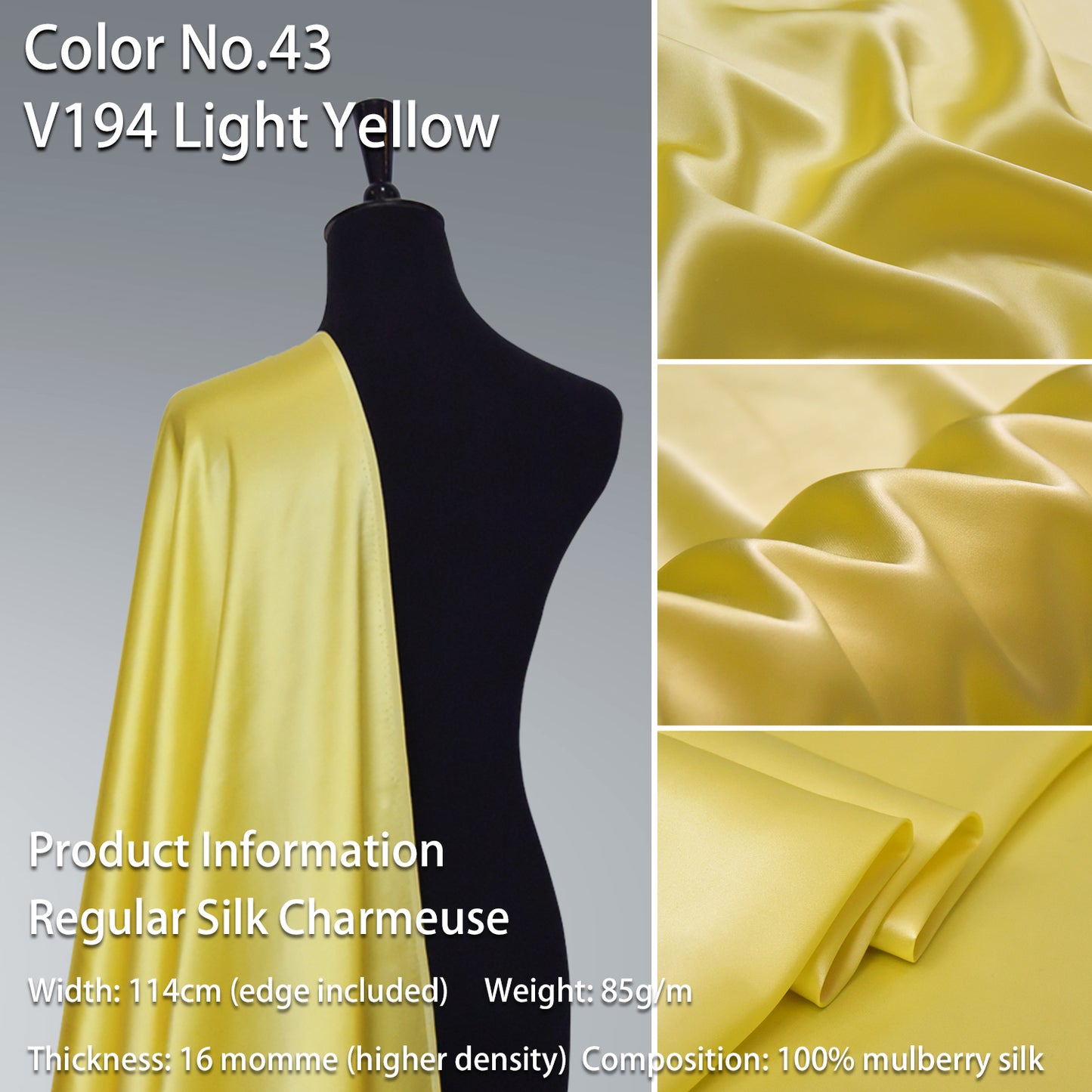 HYSK 100% Yellow Color Mulberry Silk Charmeuse High-End Refined Soft Lustered Silk Fabric Skin-Friendly For Night Dress Pajamas Beddings Lining, 120 colors available in stock