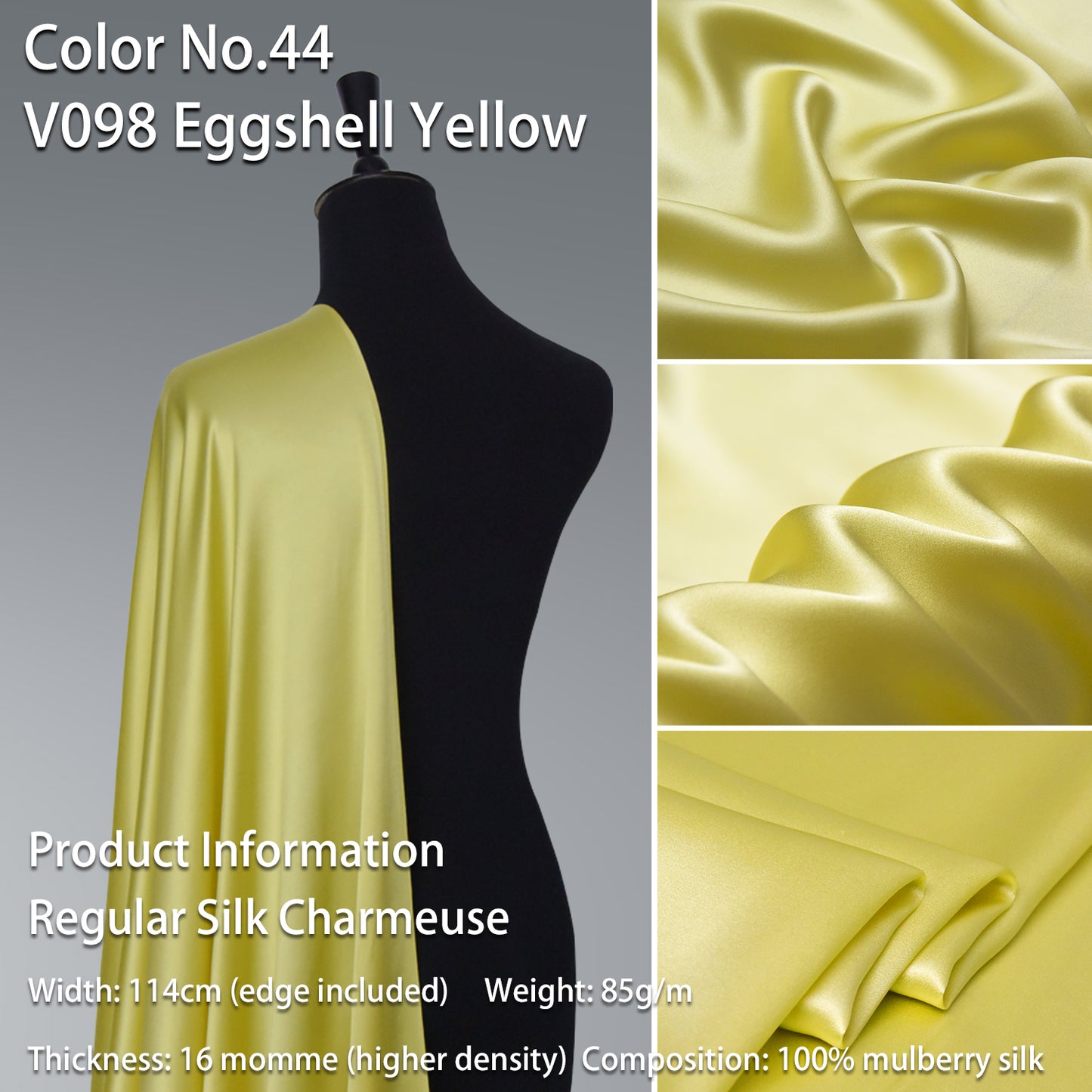 HYSK 100% Yellow Color Mulberry Silk Charmeuse High-End Refined Soft Lustered Silk Fabric Skin-Friendly For Night Dress Pajamas Beddings Lining, 120 colors available in stock